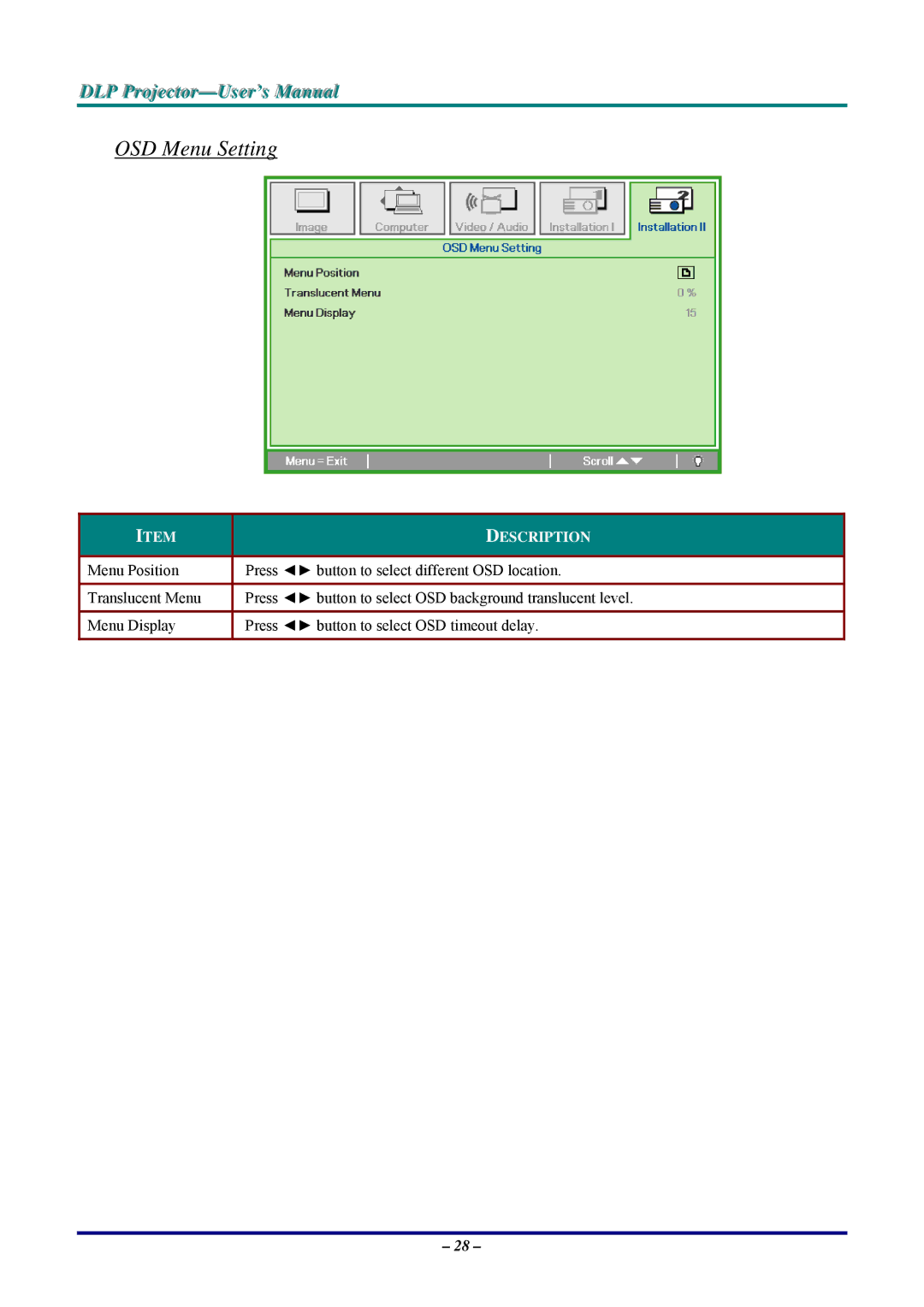 Vivitek D326WX, D326MX manual OSD Menu Setting 