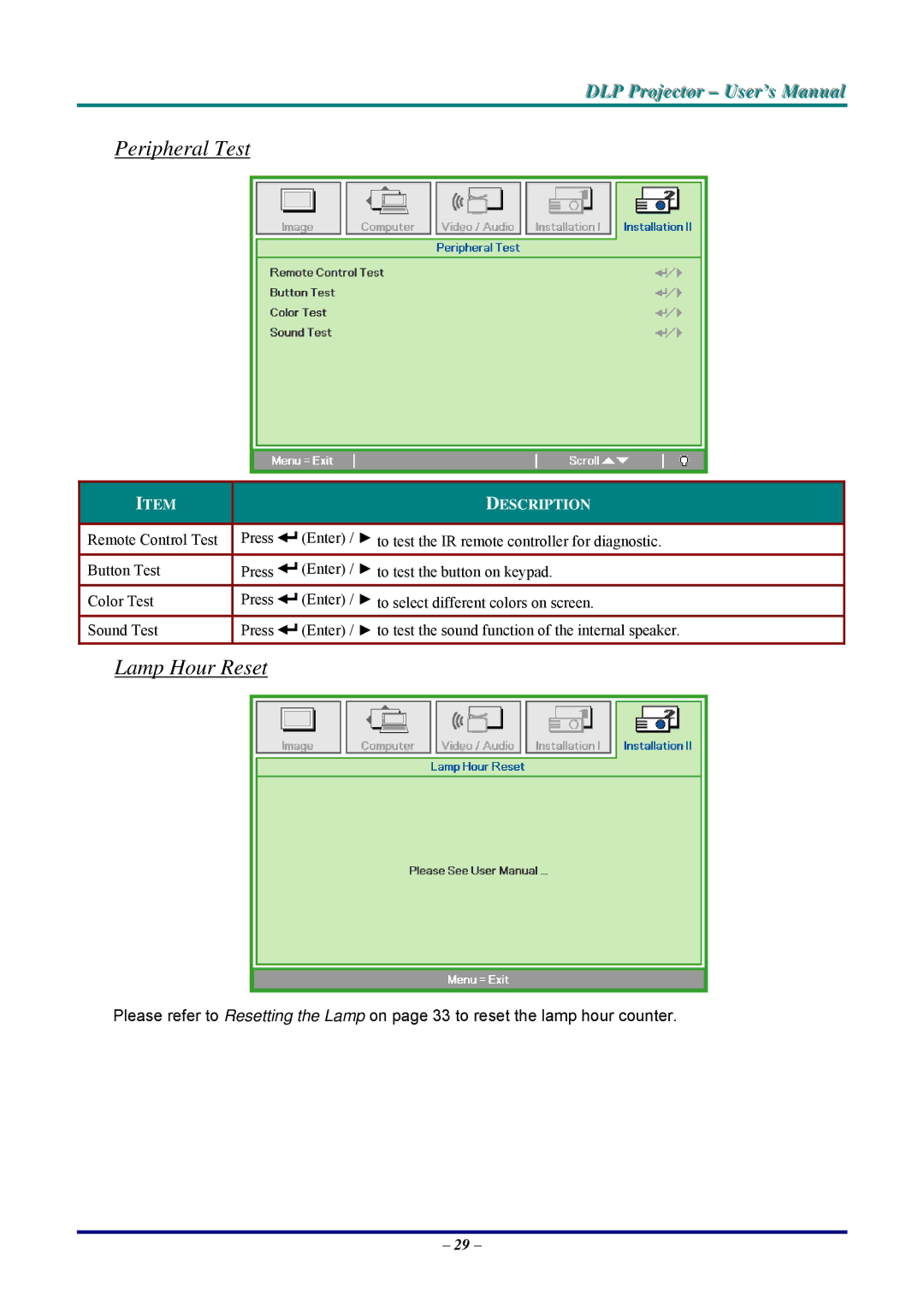 Vivitek D326MX, D326WX manual Peripheral Test, Lamp Hour Reset 