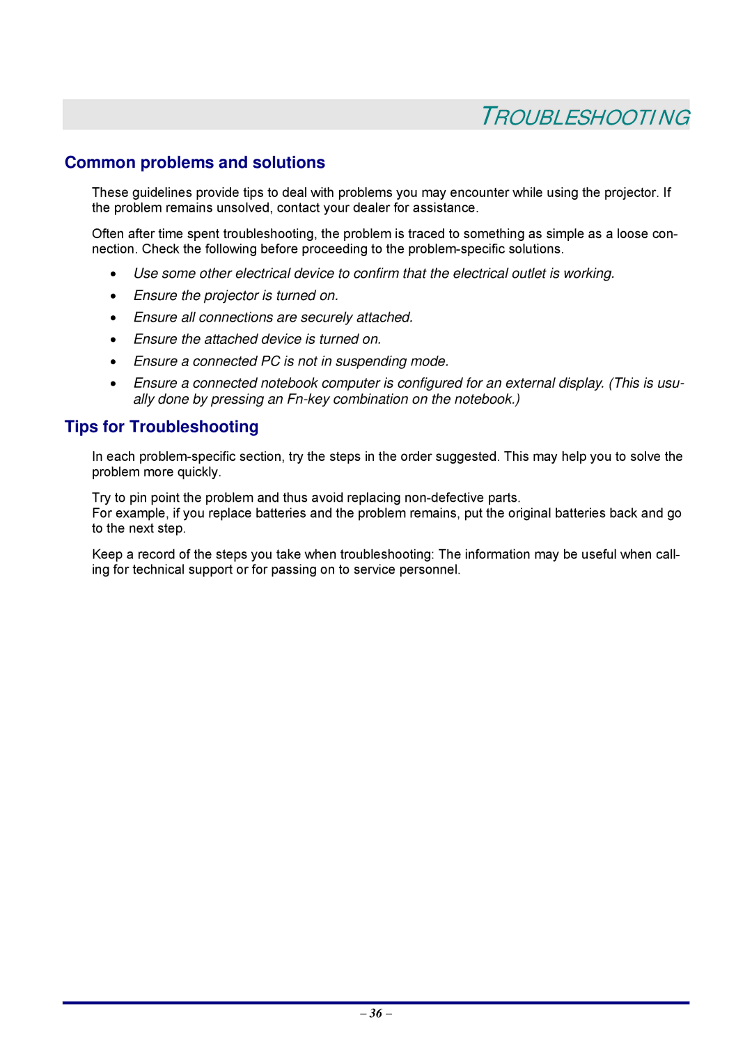 Vivitek D326WX, D326MX manual Common problems and solutions, Tips for Troubleshooting 