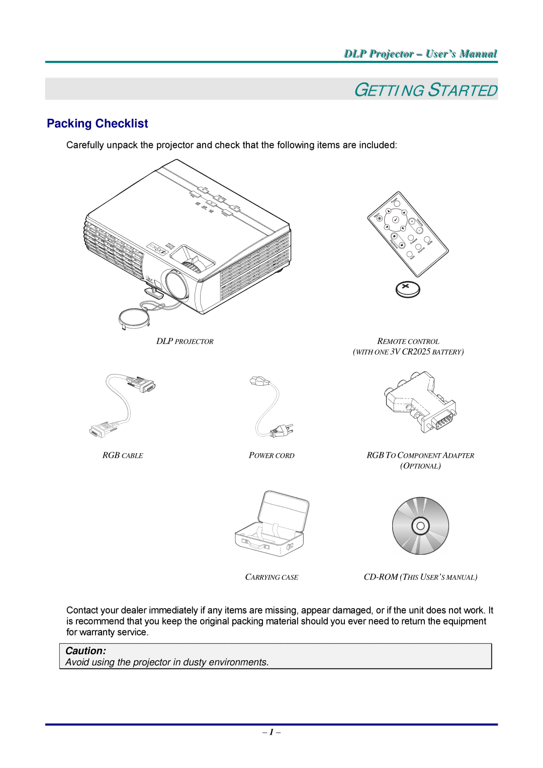 Vivitek D326WX, D326MX manual Getting Started, Packing Checklist 
