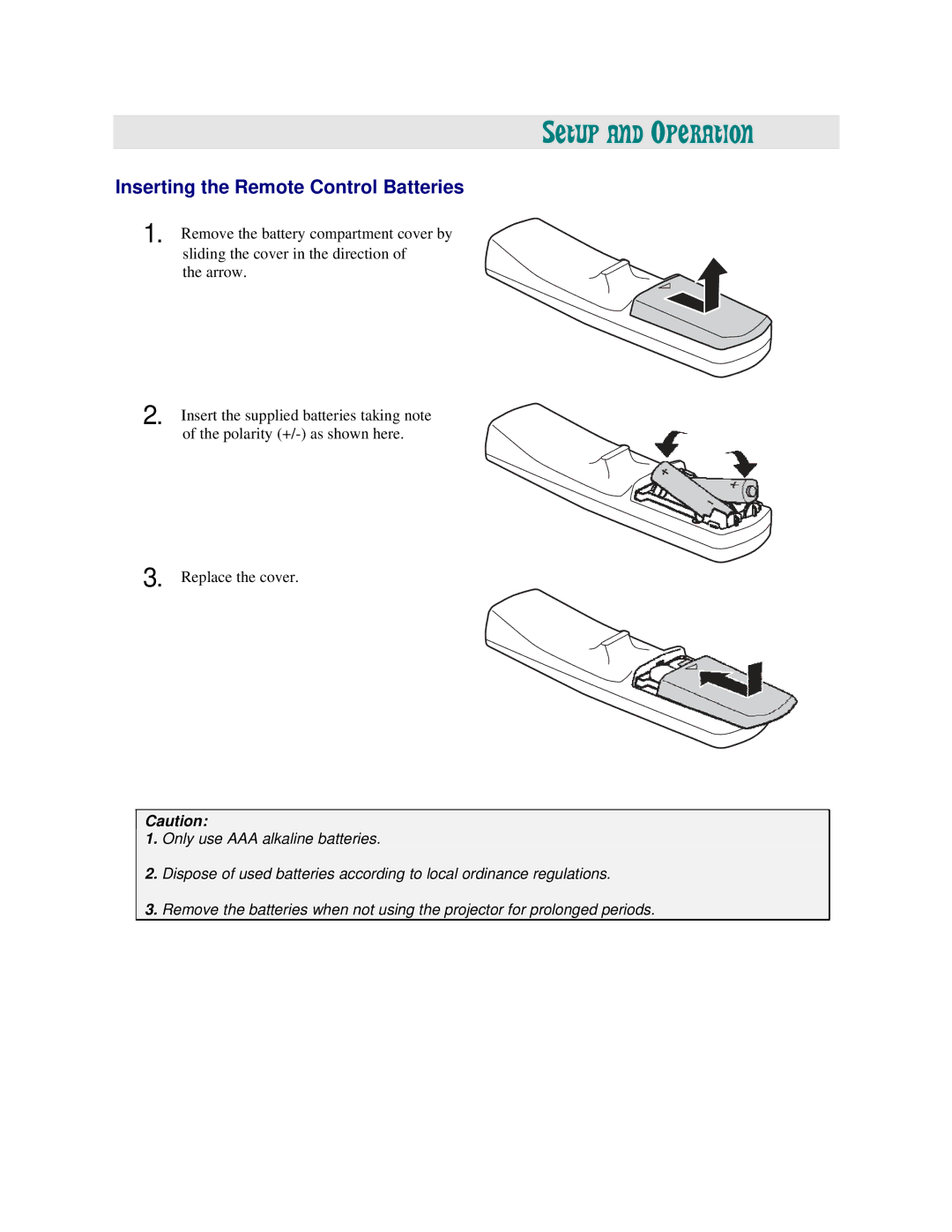 Vivitek D3355 manual Setup and Operation, Inserting the Remote Control Batteries 