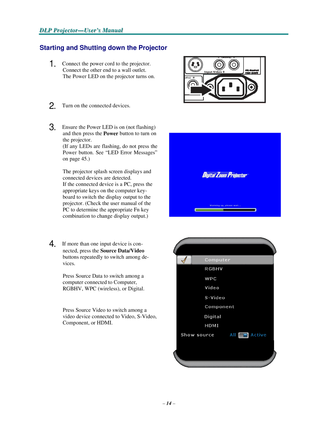 Vivitek D3355 manual Starting and Shutting down the Projector 