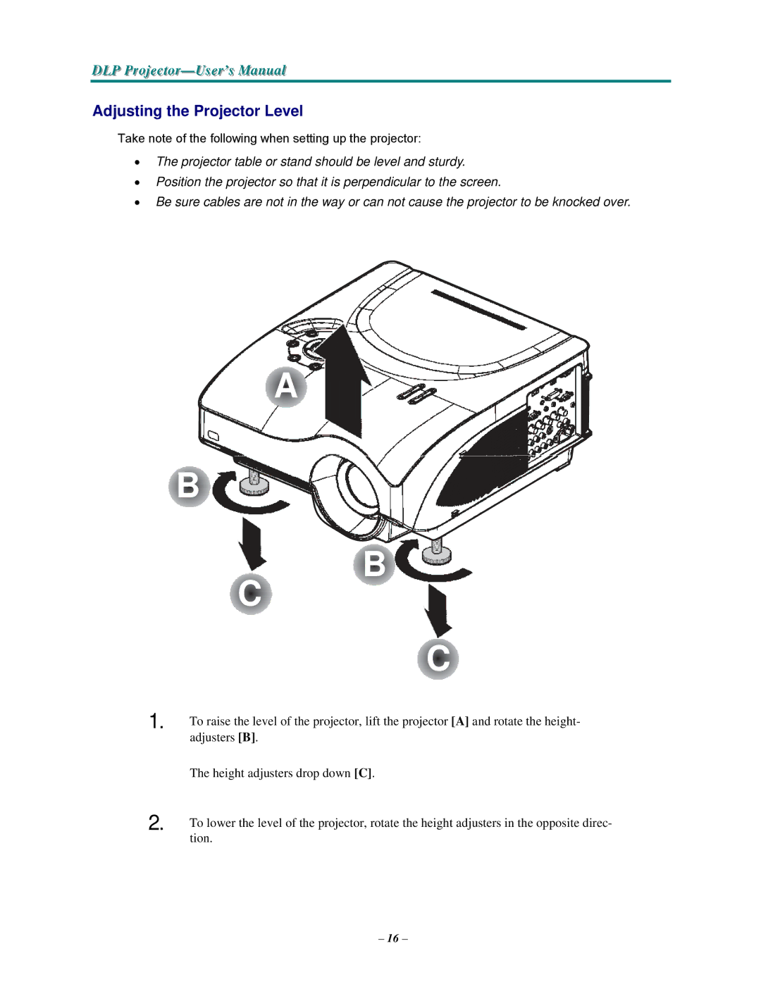 Vivitek D3355 manual Adjusting the Projector Level 