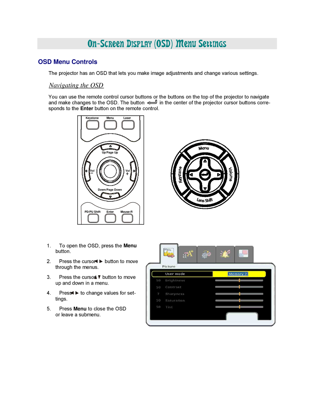 Vivitek D3355 manual Navigating the OSD, OSD Menu Controls 