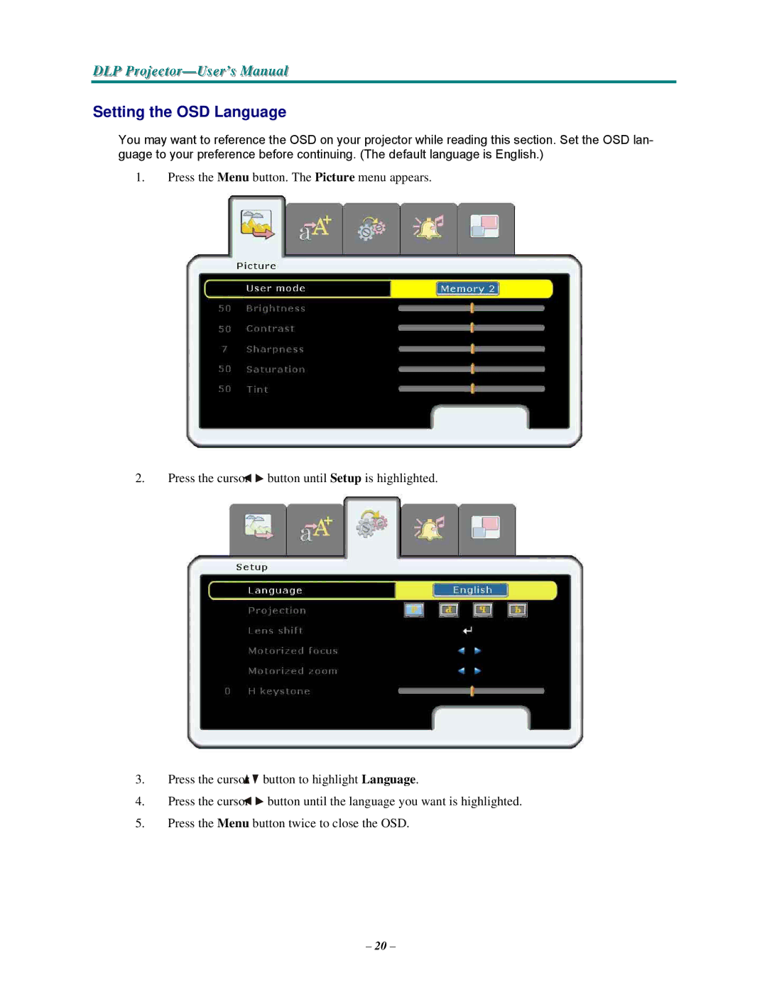 Vivitek D3355 manual Setting the OSD Language 