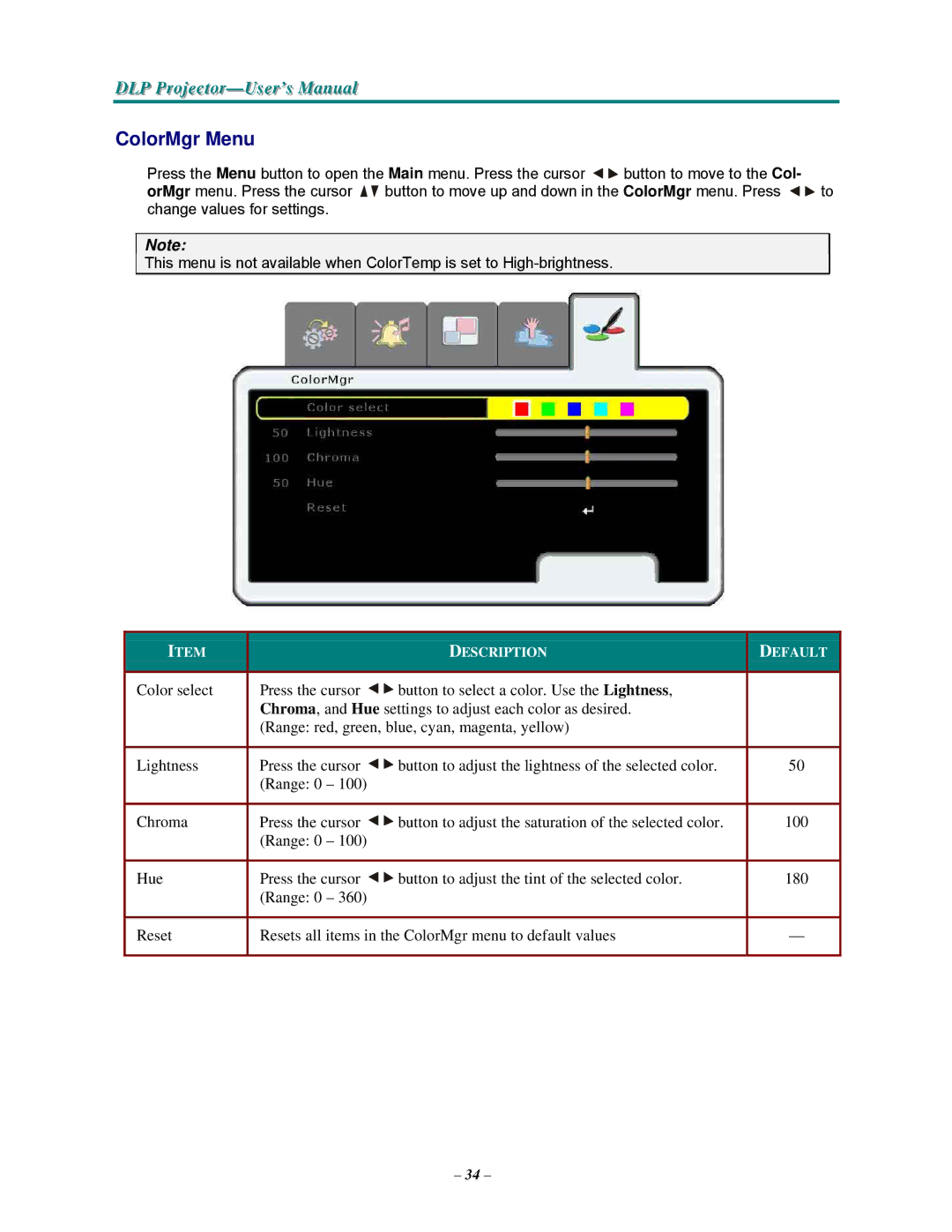 Vivitek D3355 manual ColorMgr Menu 