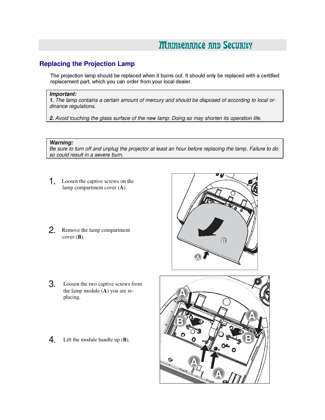 Vivitek D3355 manual Maintenance and Security, Replacing the Projection Lamp 