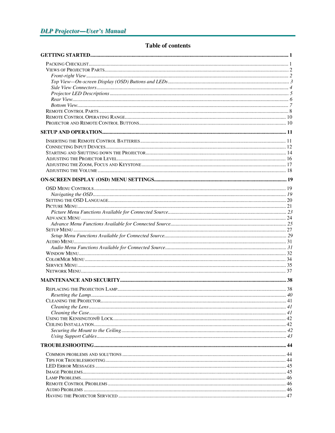 Vivitek D3355 manual Table of contents 