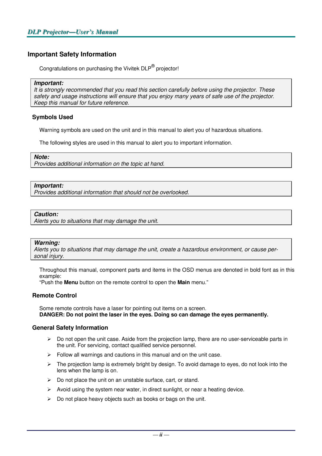 Vivitek D5500 manual Important Safety Information 