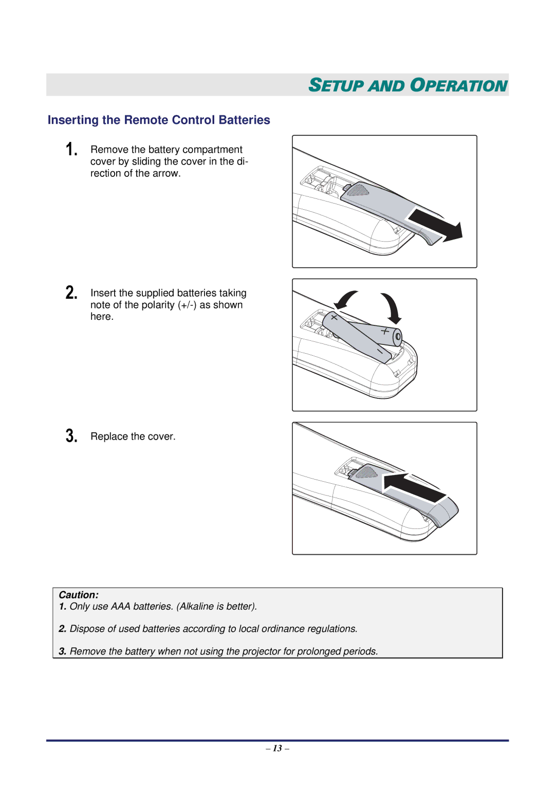 Vivitek D5500 manual Setup and Operation, Inserting the Remote Control Batteries 