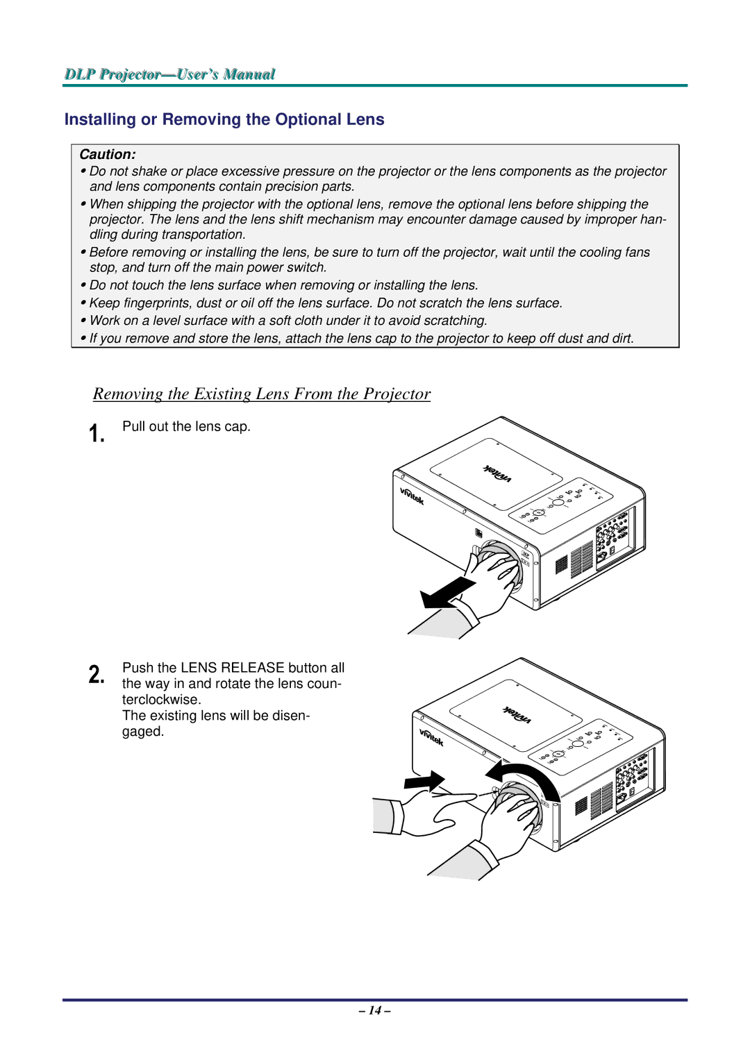 Vivitek D5500 manual Removing the Existing Lens From the Projector, Installing or Removing the Optional Lens 