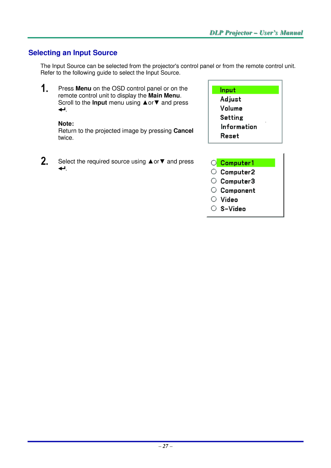 Vivitek D5500 manual Selecting an Input Source 