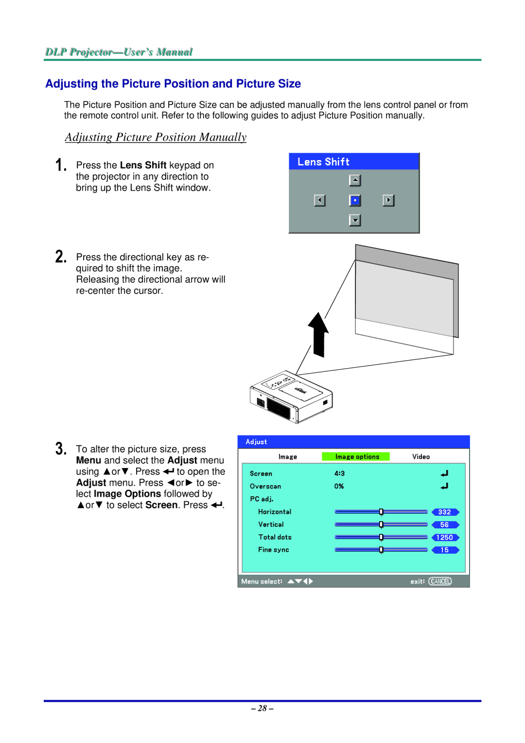 Vivitek D5500 manual Adjusting Picture Position Manually, Adjusting the Picture Position and Picture Size 