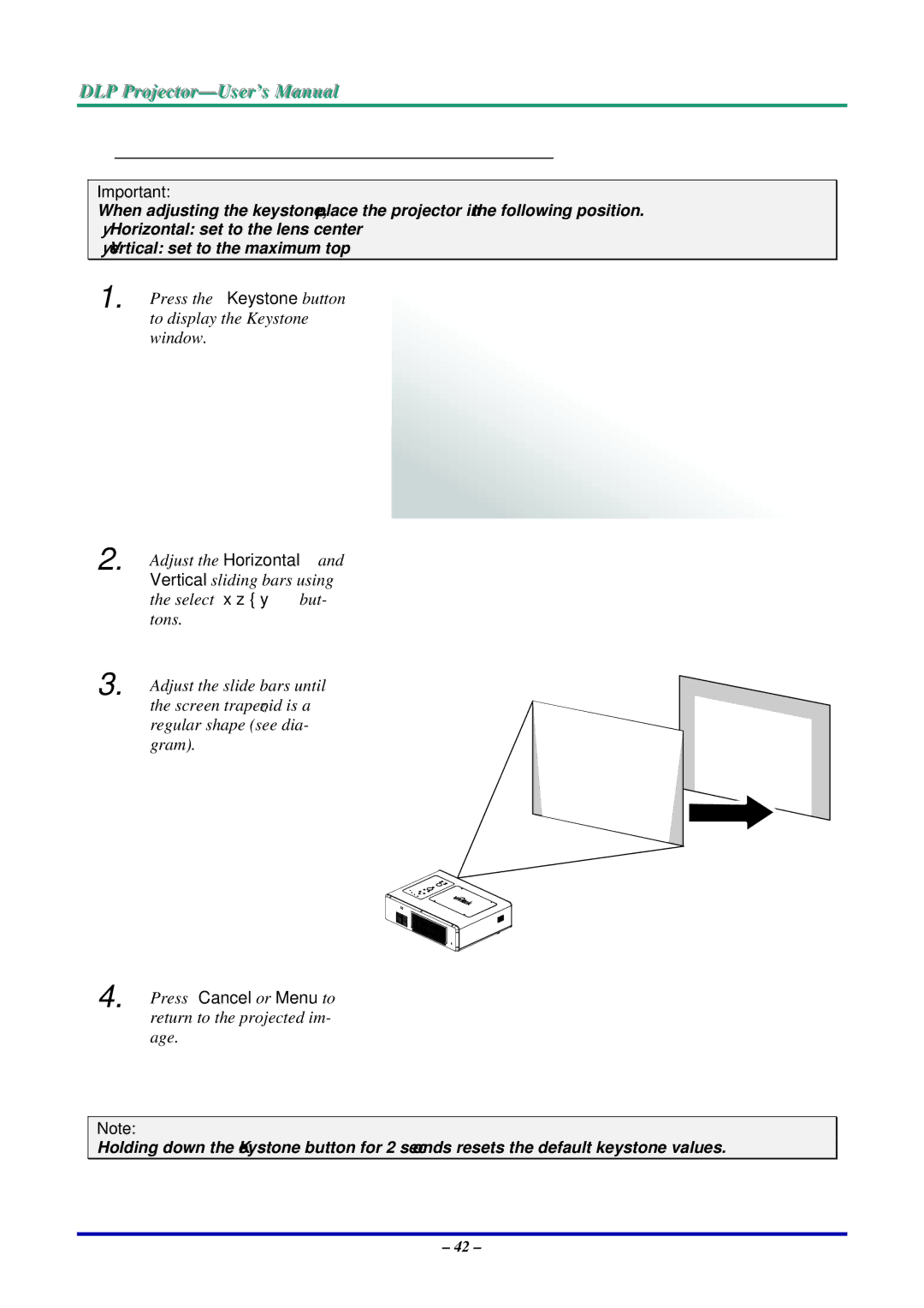 Vivitek D5500 manual Correcting Keystone by Using the Remote Control 