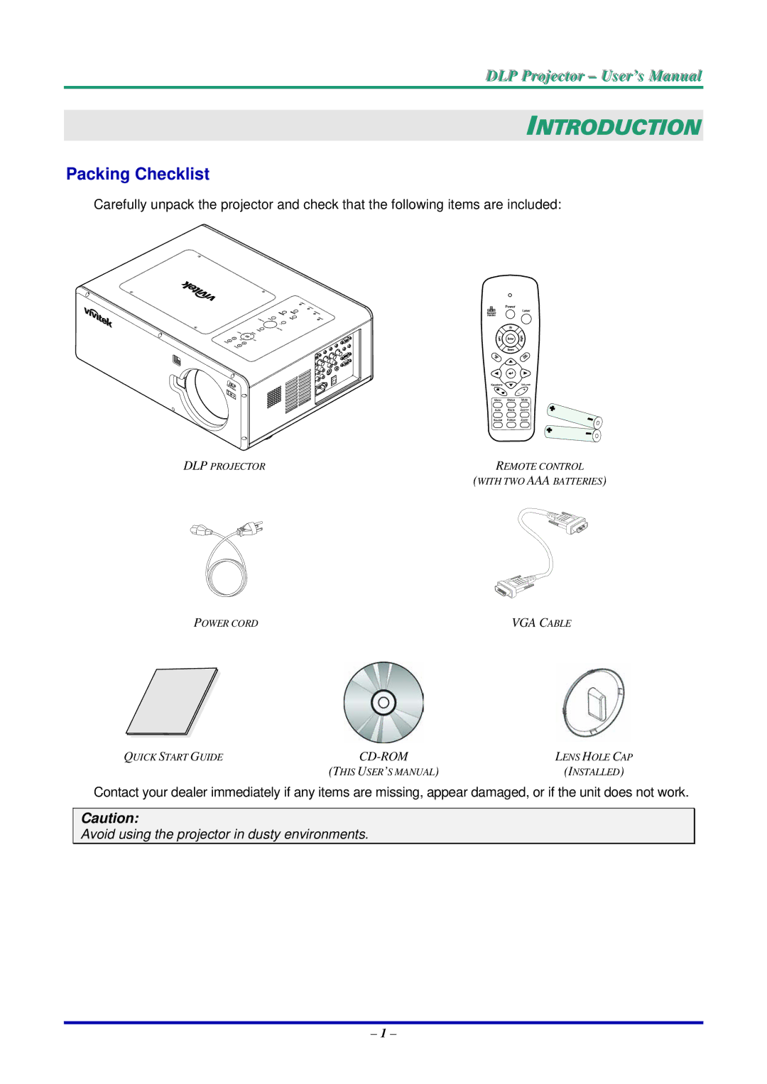 Vivitek D5500 manual Introduction, Packing Checklist 