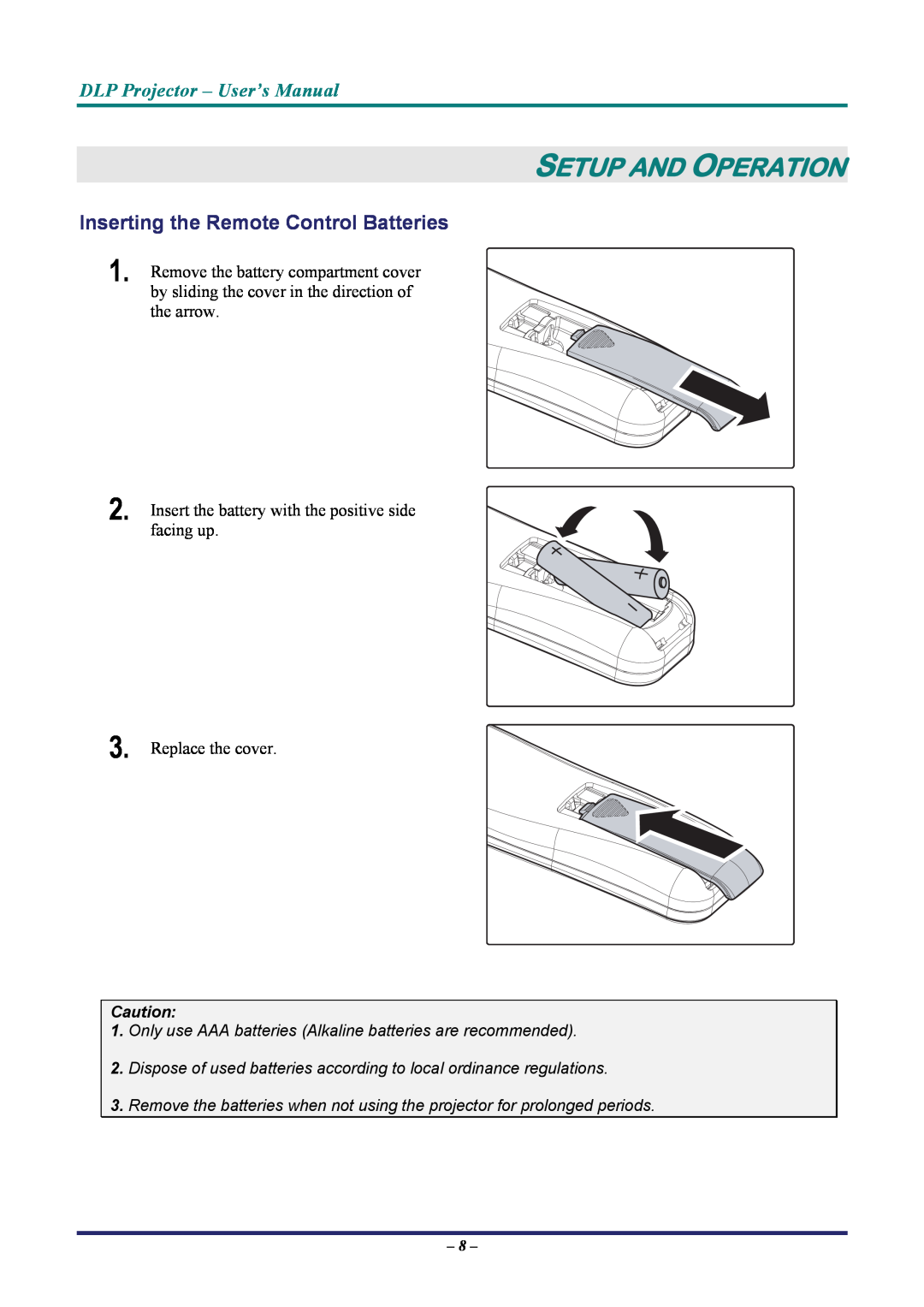 Vivitek D7 user manual Setup And Operation, Inserting the Remote Control Batteries, DLP Projector - User’s Manual 