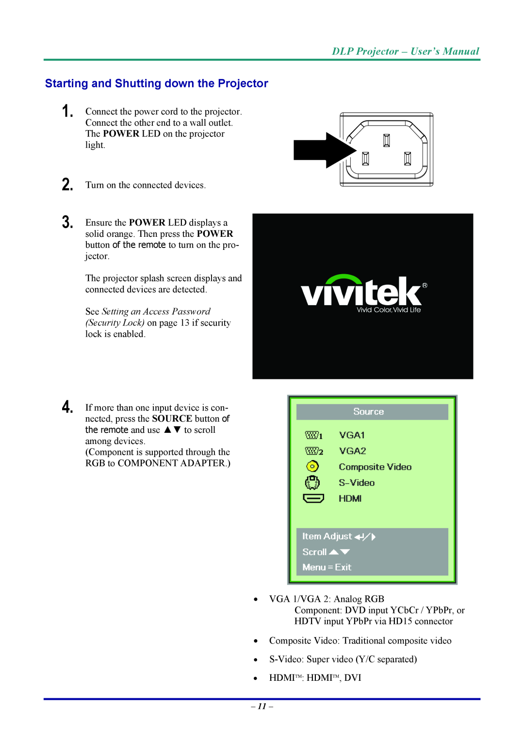 Vivitek D7 user manual Starting and Shutting down the Projector, DLP Projector - User’s Manual 
