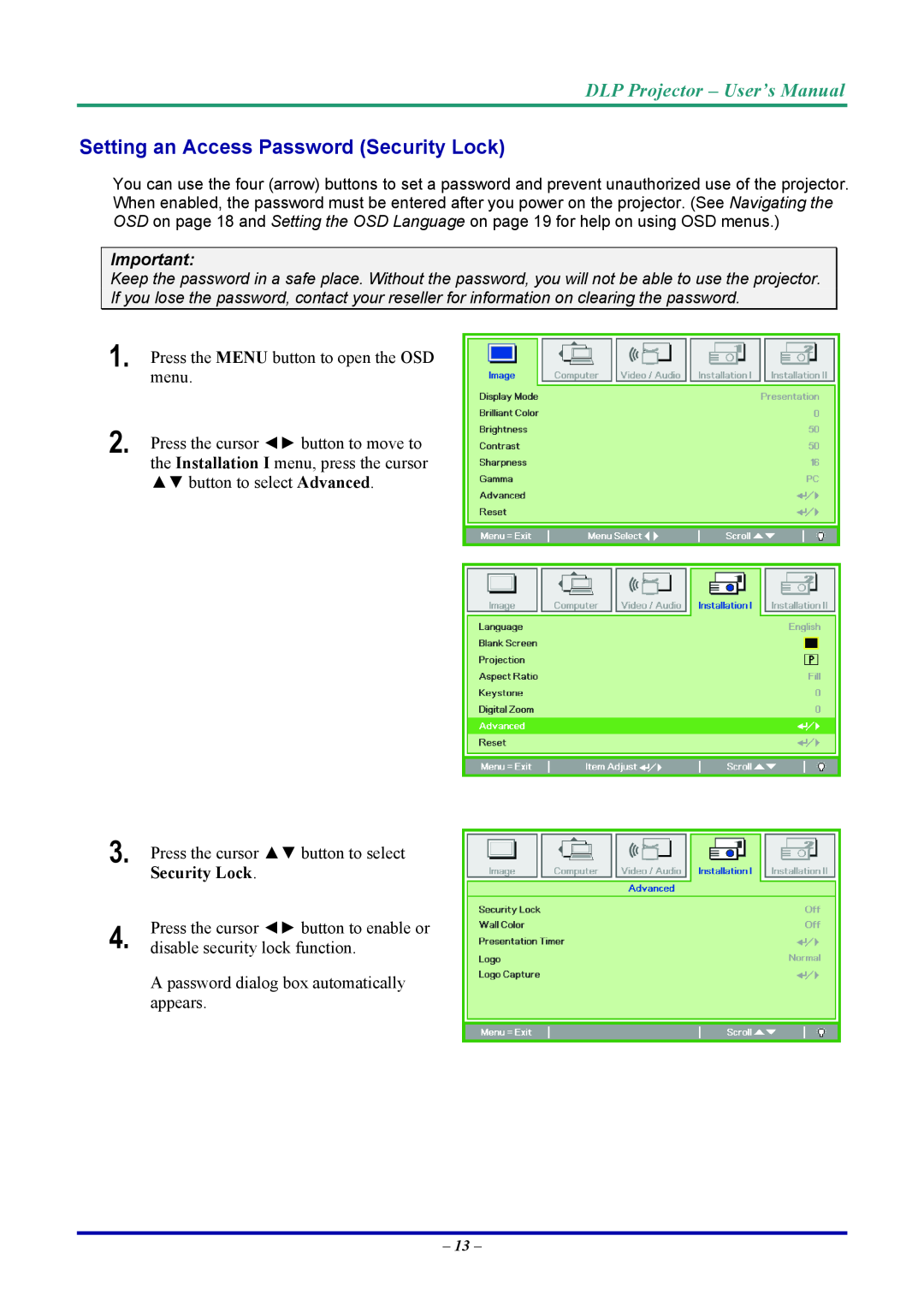 Vivitek D7 user manual Setting an Access Password Security Lock, DLP Projector - User’s Manual 