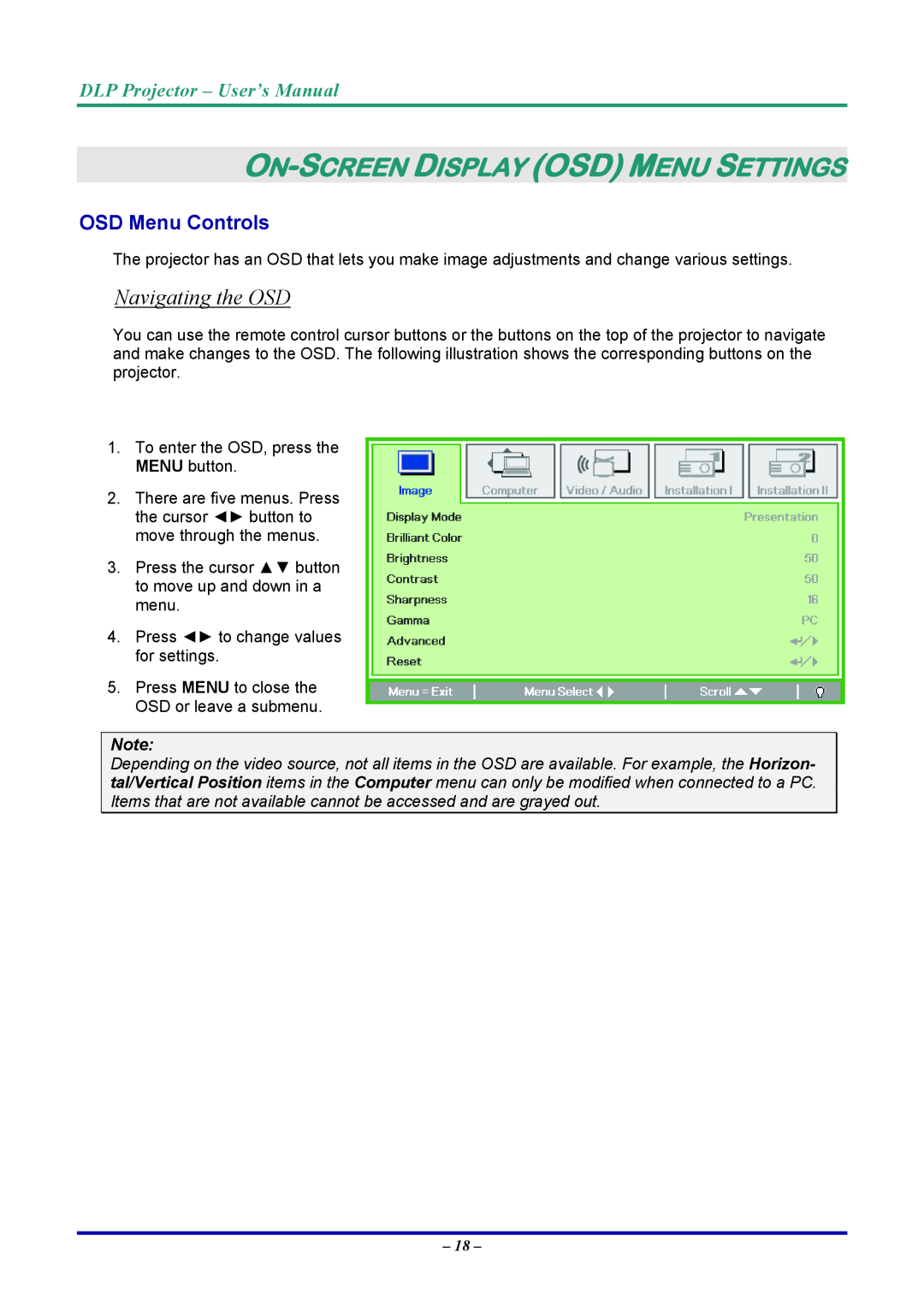 Vivitek D7 On-Screen Display Osd Menu Settings, Navigating the OSD, OSD Menu Controls, DLP Projector - User’s Manual 