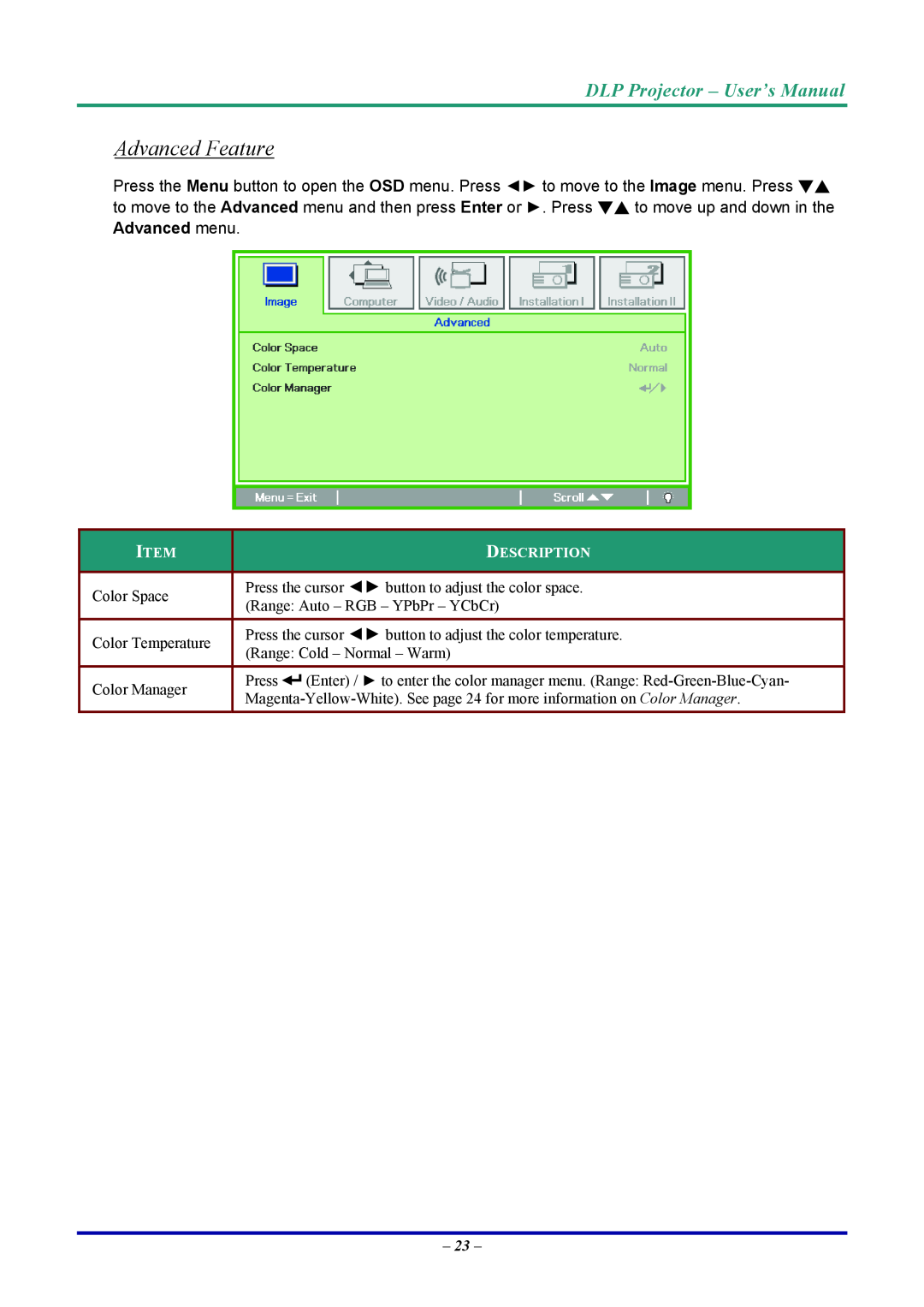 Vivitek D7 user manual Advanced Feature, DLP Projector - User’s Manual, Description 