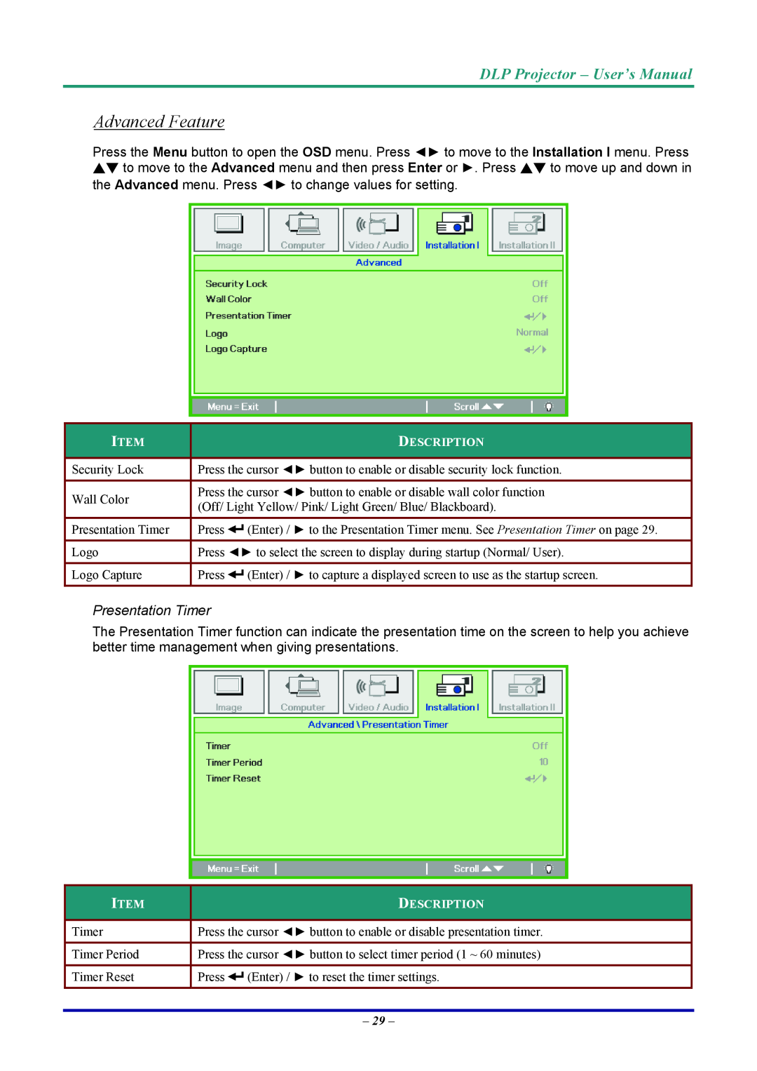 Vivitek D7 user manual Advanced Feature, DLP Projector - User’s Manual, Presentation Timer 