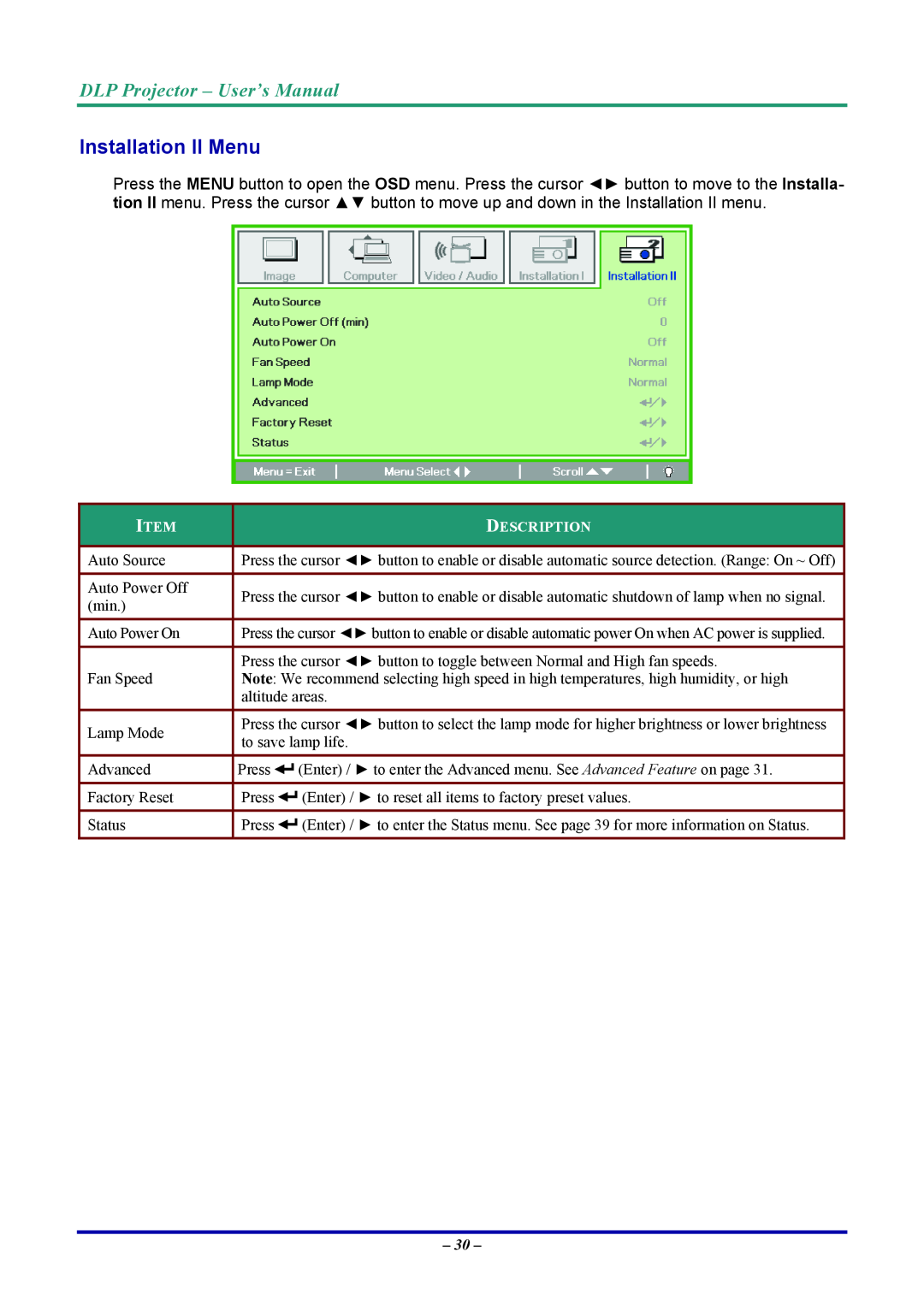 Vivitek D7 user manual Installation II Menu, DLP Projector - User’s Manual, Description 