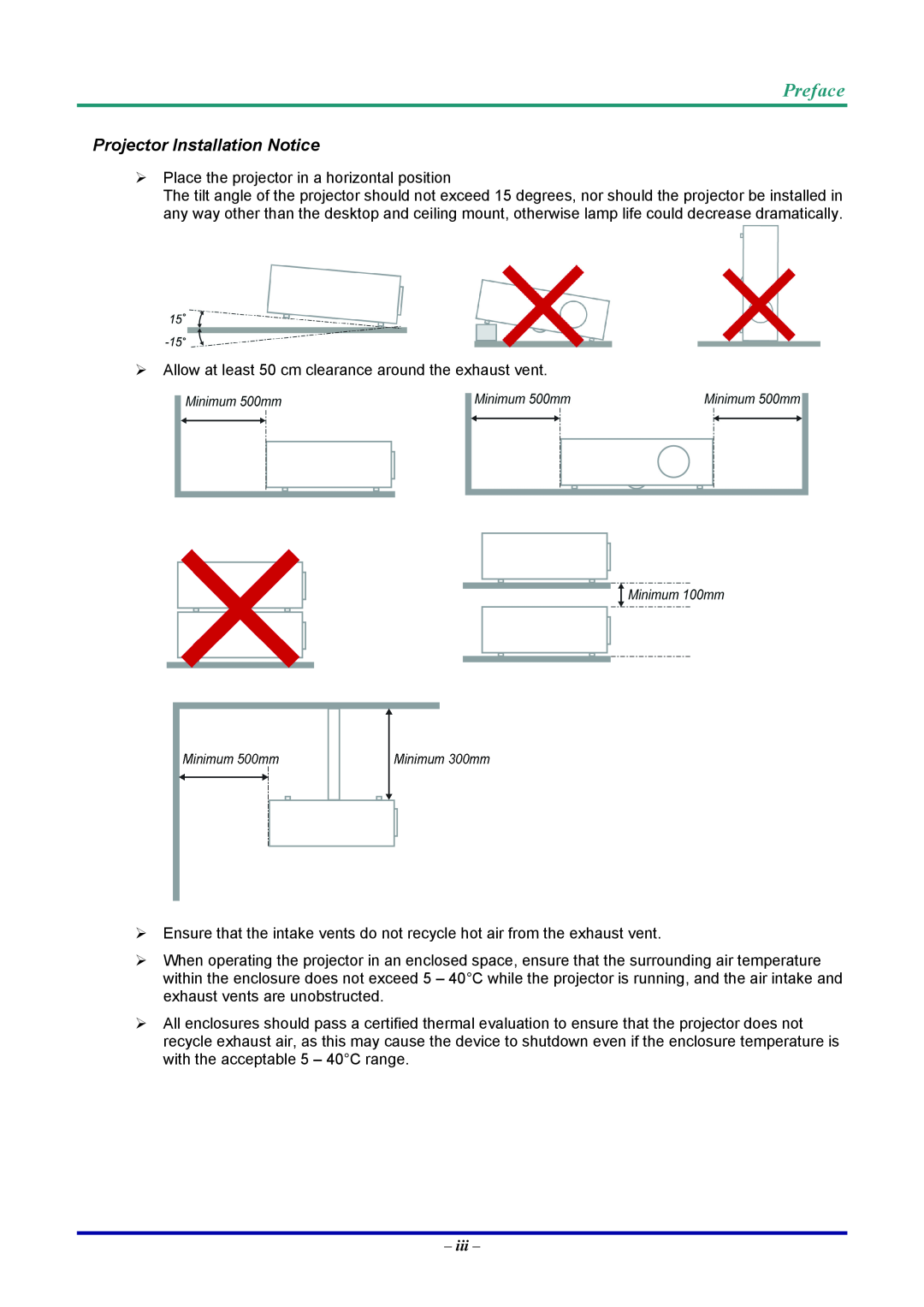 Vivitek D7 user manual Preface, Projector Installation Notice 