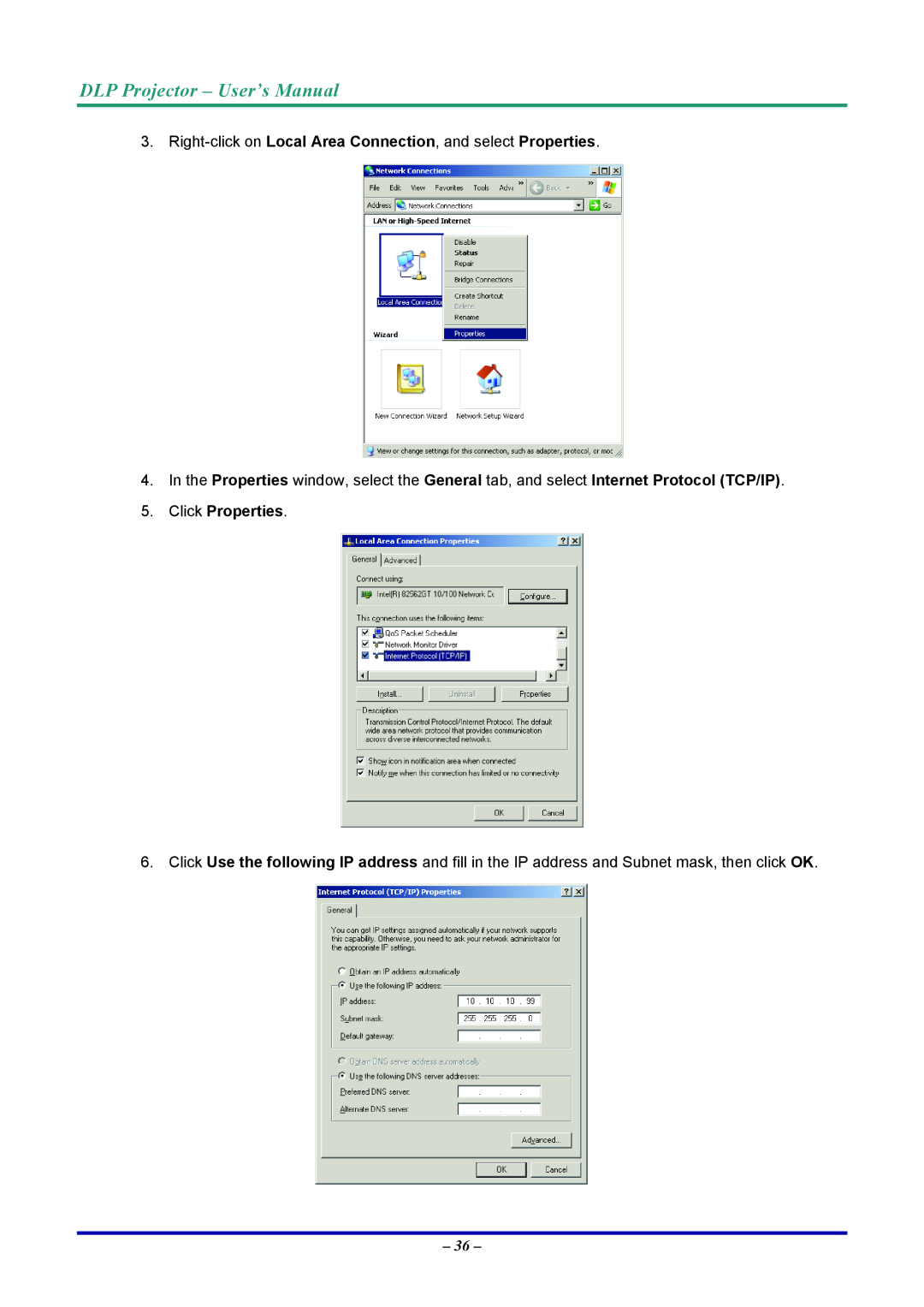 Vivitek D7 DLP Projector - User’s Manual, Right-click on Local Area Connection, and select Properties, Click Properties 