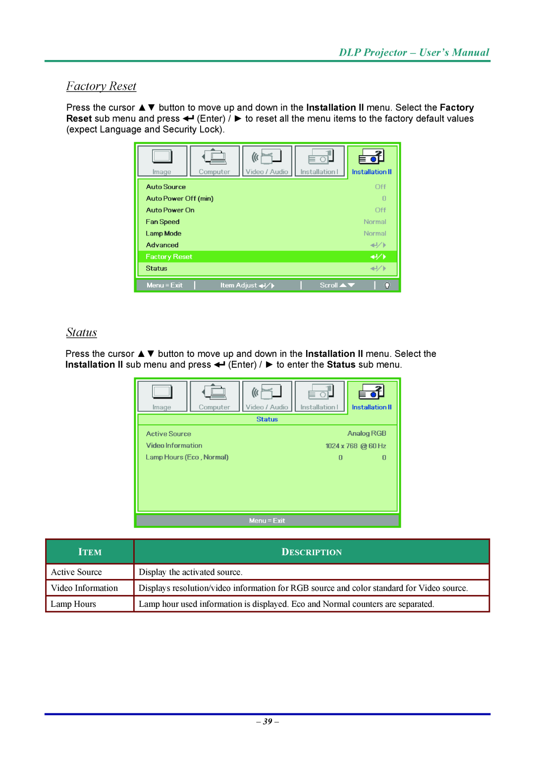 Vivitek D7 user manual Factory Reset, Status, DLP Projector - User’s Manual 