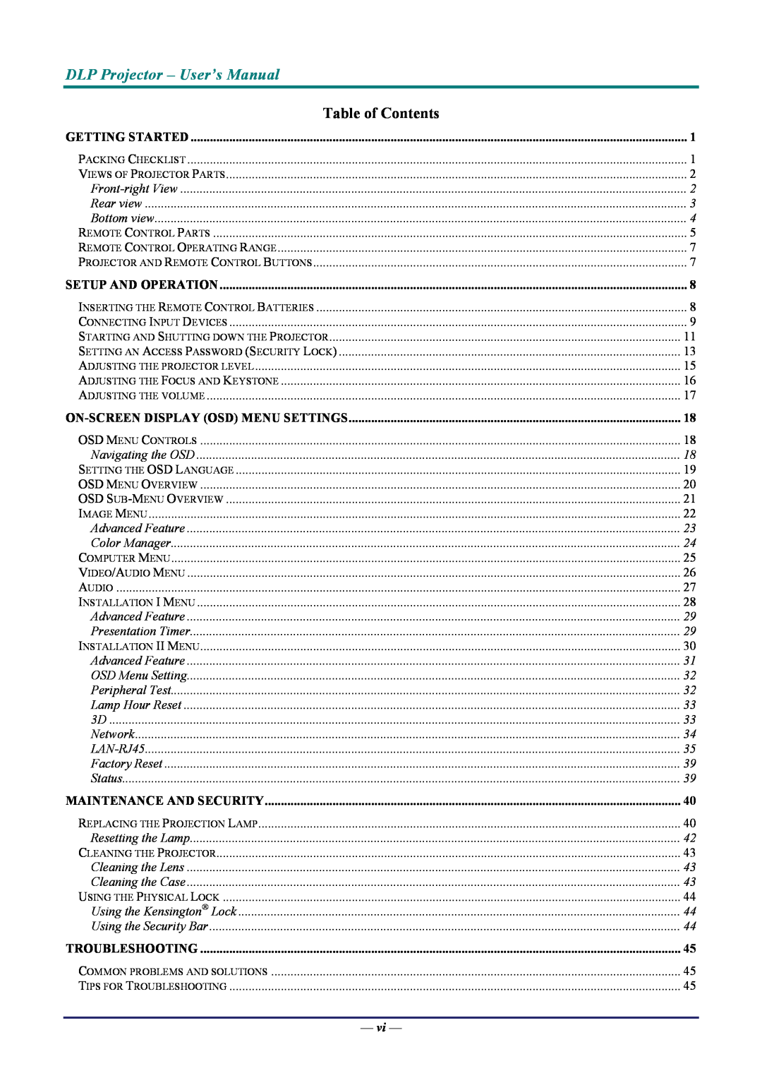 Vivitek D7 Table of Contents, DLP Projector - User’s Manual, Getting Started, Setup And Operation, Troubleshooting 