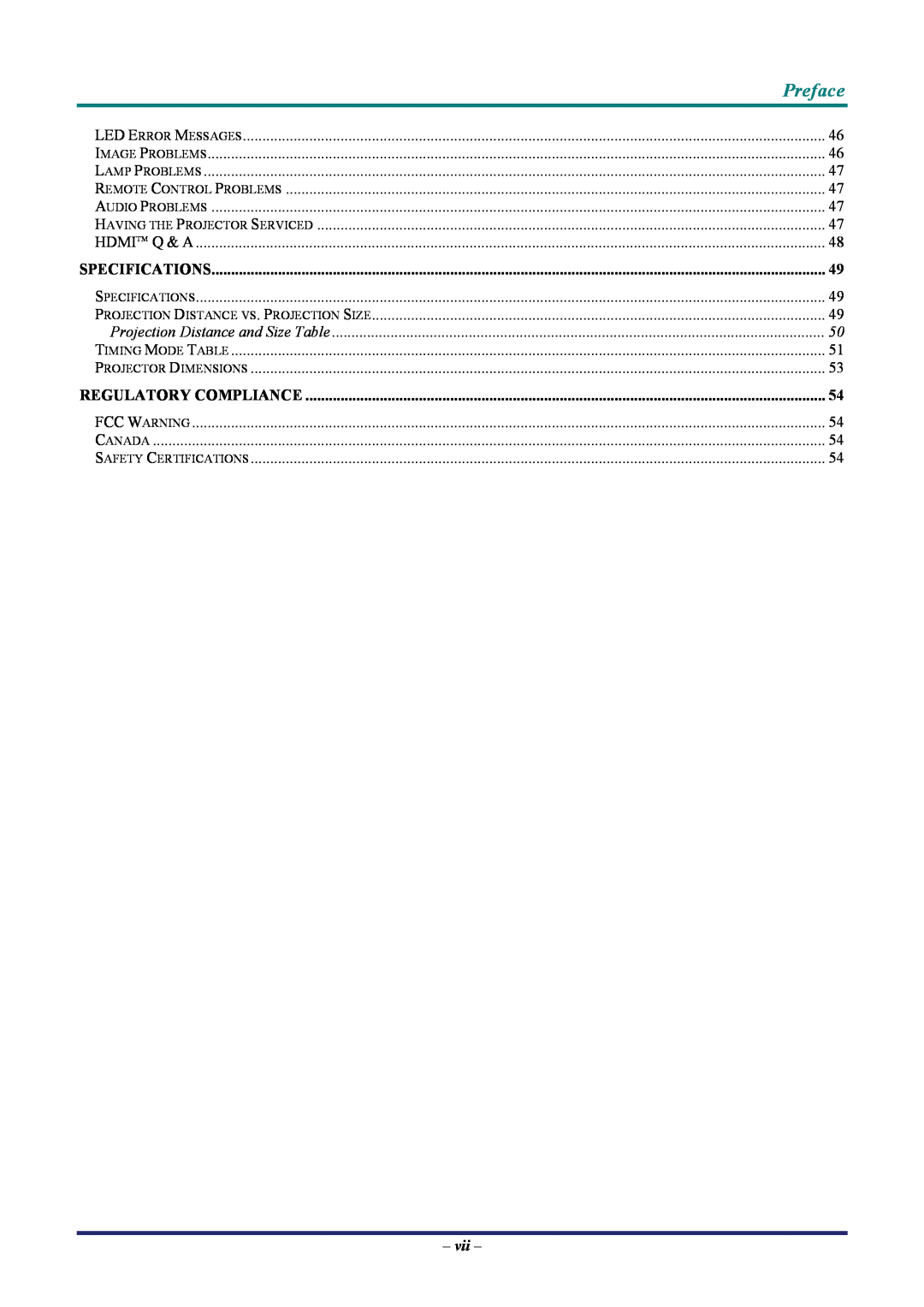 Vivitek D7 user manual Preface, Specifications, Regulatory Compliance 