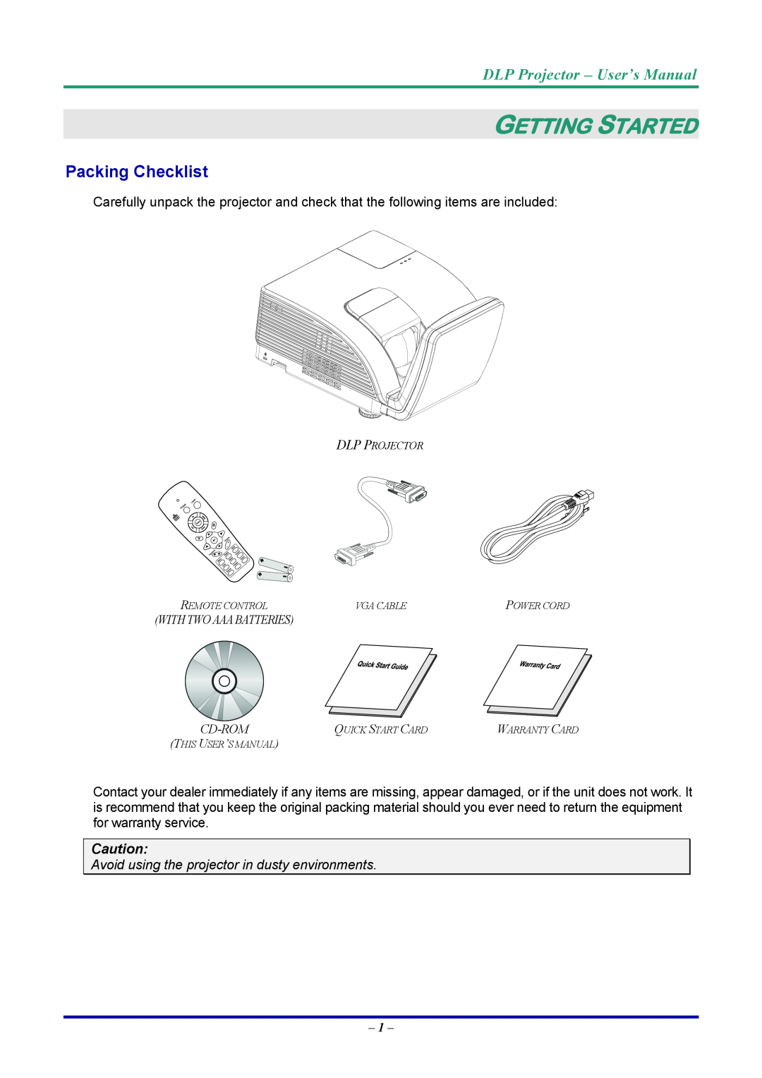 Vivitek D7 user manual Getting Started, Packing Checklist, DLP Projector - User’s Manual 
