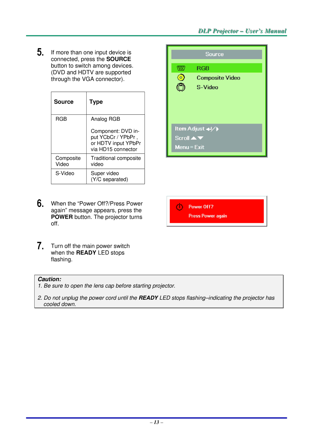 Vivitek D735VX manual Source Type 