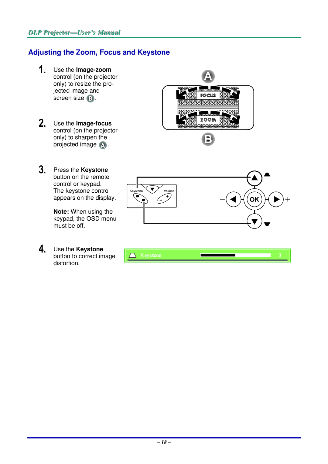 Vivitek D735VX manual Adjusting the Zoom, Focus and Keystone 