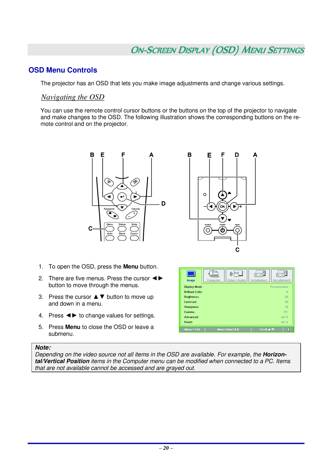 Vivitek D735VX manual ON-SCREEN Display OSD Menu Settings, Navigating the OSD, OSD Menu Controls 