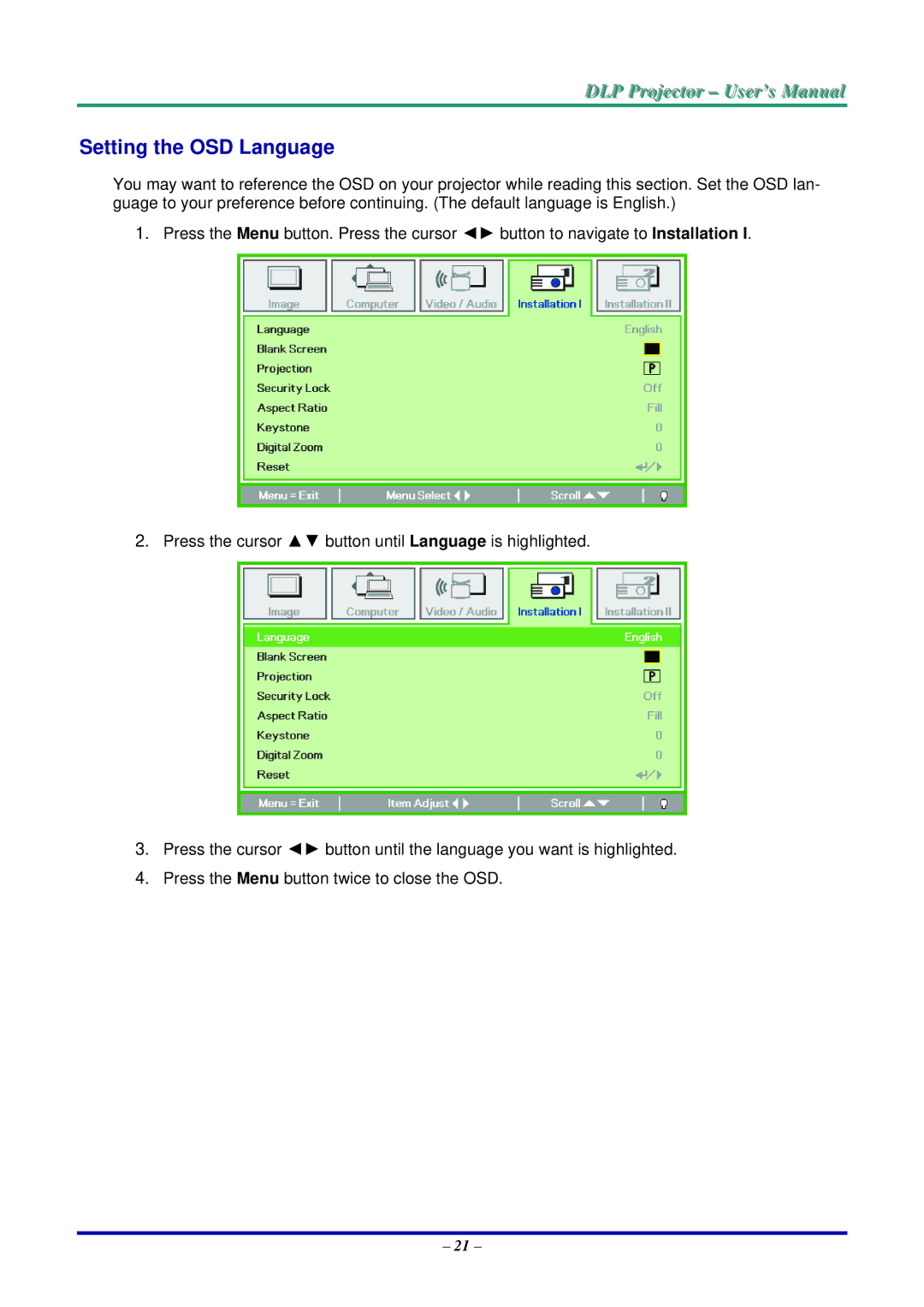 Vivitek D735VX manual Setting the OSD Language 