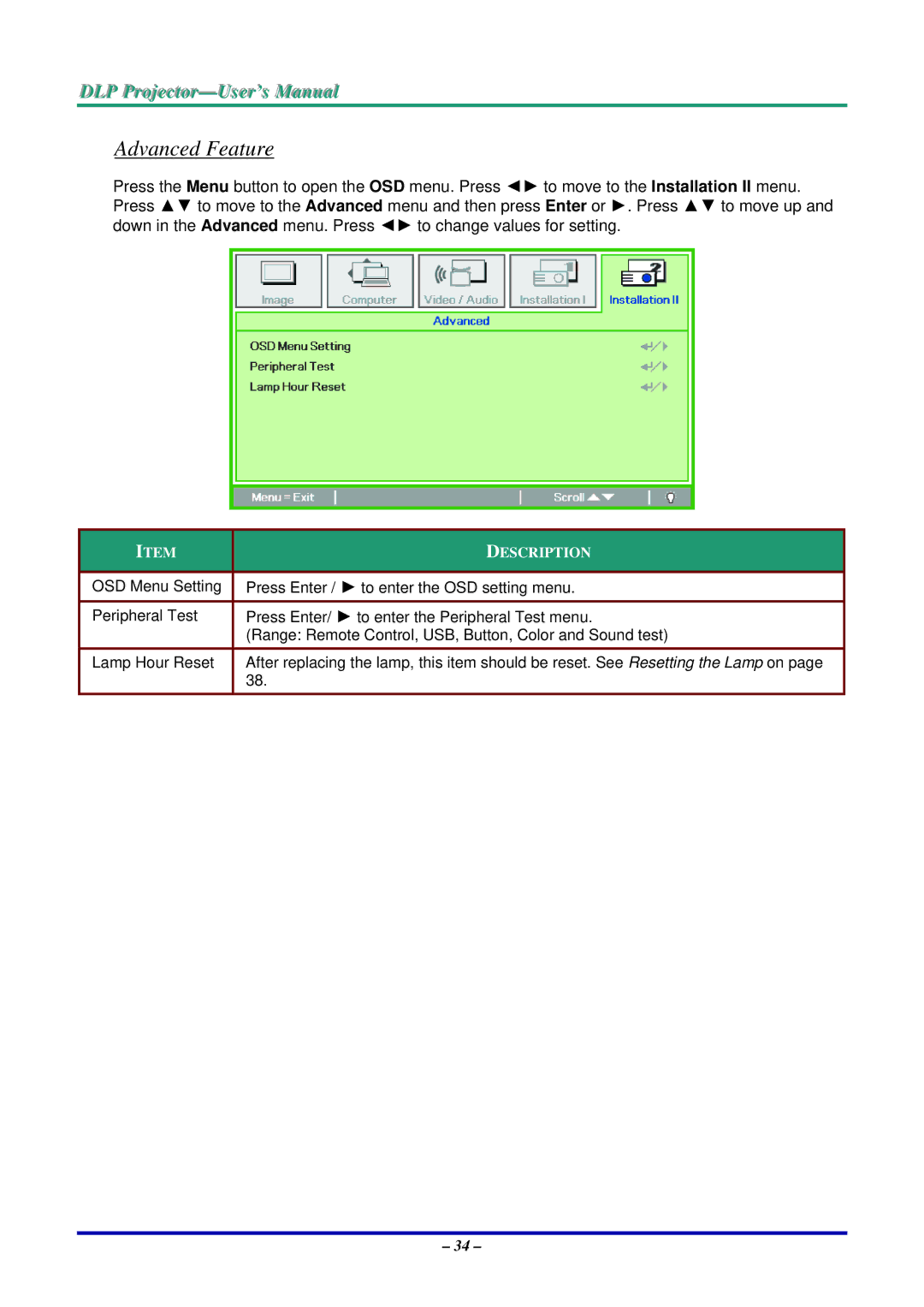 Vivitek D735VX manual Advanced Feature 