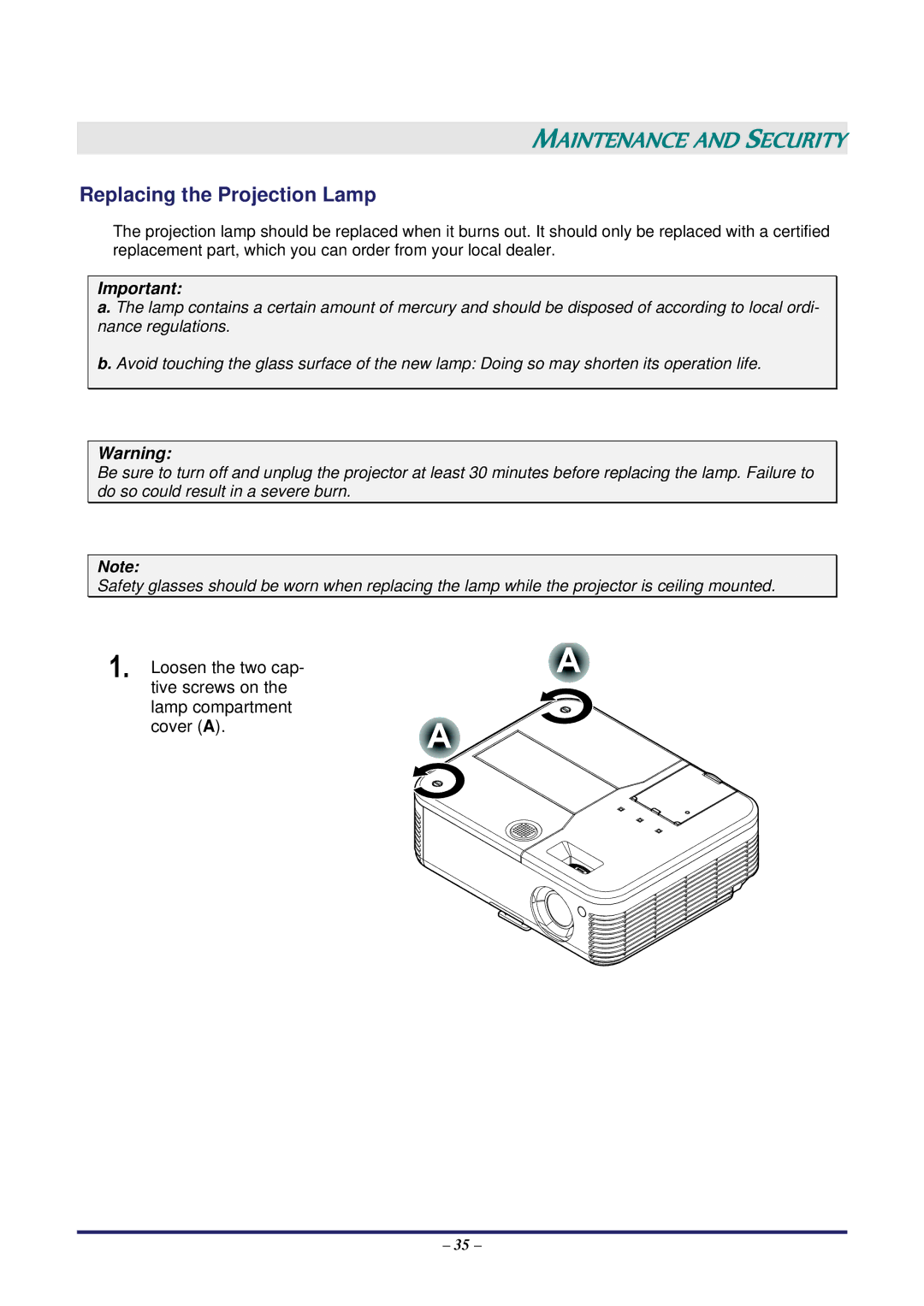 Vivitek D735VX manual Maintenance and Security, Replacing the Projection Lamp 