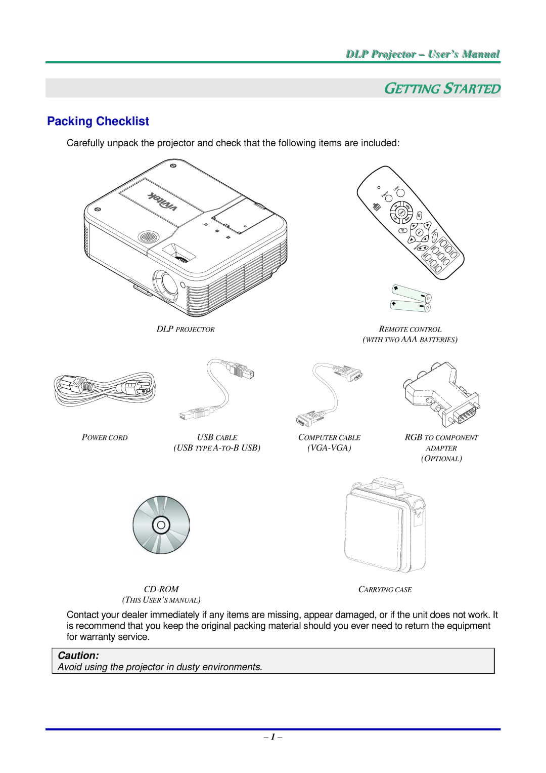 Vivitek D735VX manual Getting Started, Packing Checklist 