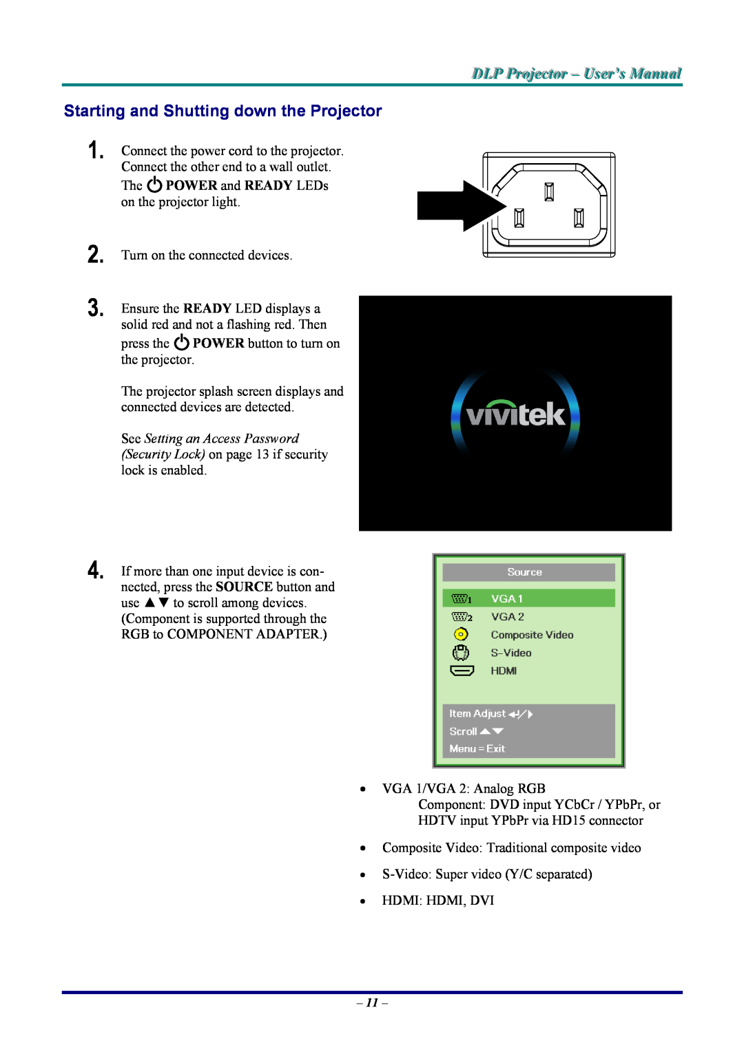 Vivitek D935VX, D930TX, D940VX manual Starting and Shutting down the Projector, DLP Projjecttor - User’s Manuall 