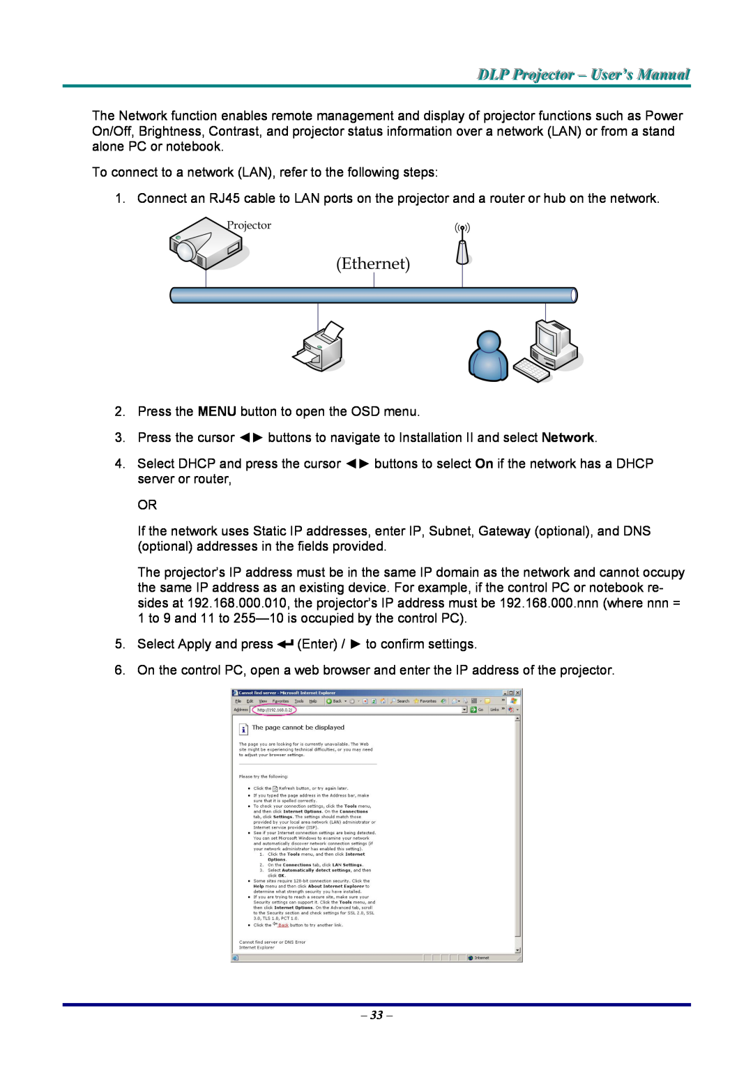 Vivitek D940VX, D935VX, D930TX DLP Projjecttor - User’s Manuall, To connect to a network LAN, refer to the following steps 