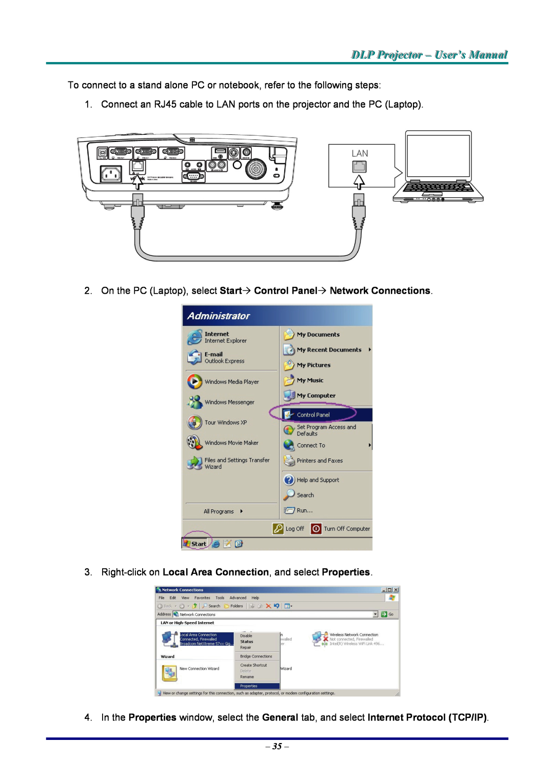 Vivitek D935VX manual DLP Projjecttor - User’s Manuall, On the PC Laptop, select Start´ Control Panel´ Network Connections 