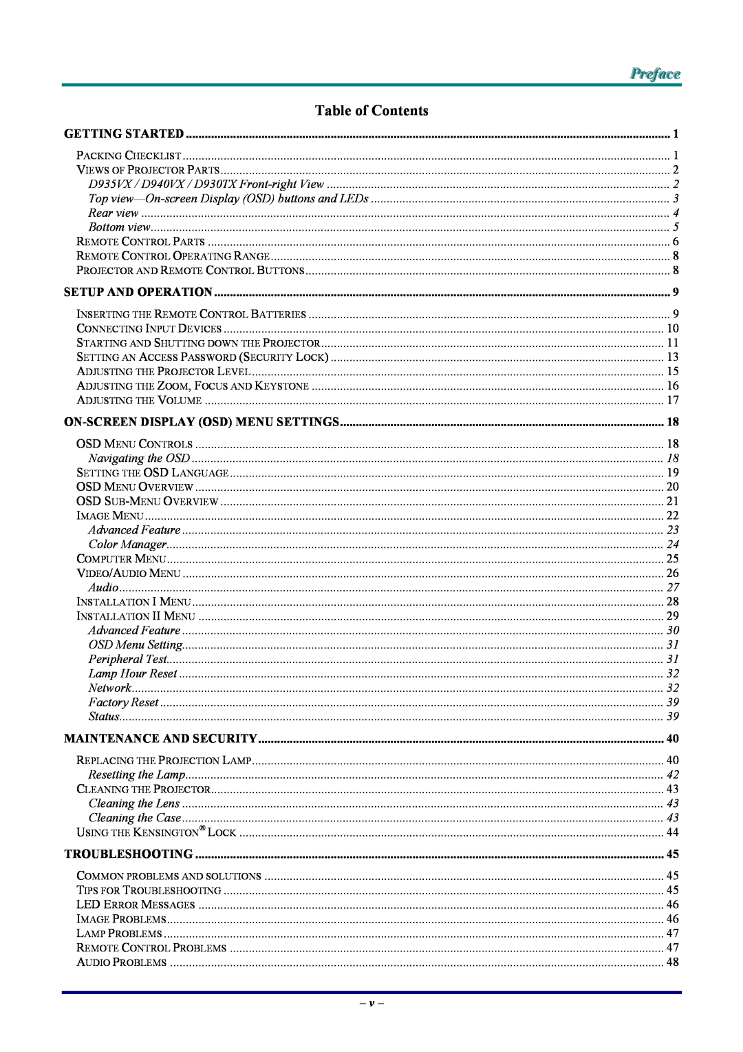 Vivitek D935VX manual Table of Contents, Preface, Getting Started, Setup And Operation, On-Screen Display Osd Menu Settings 