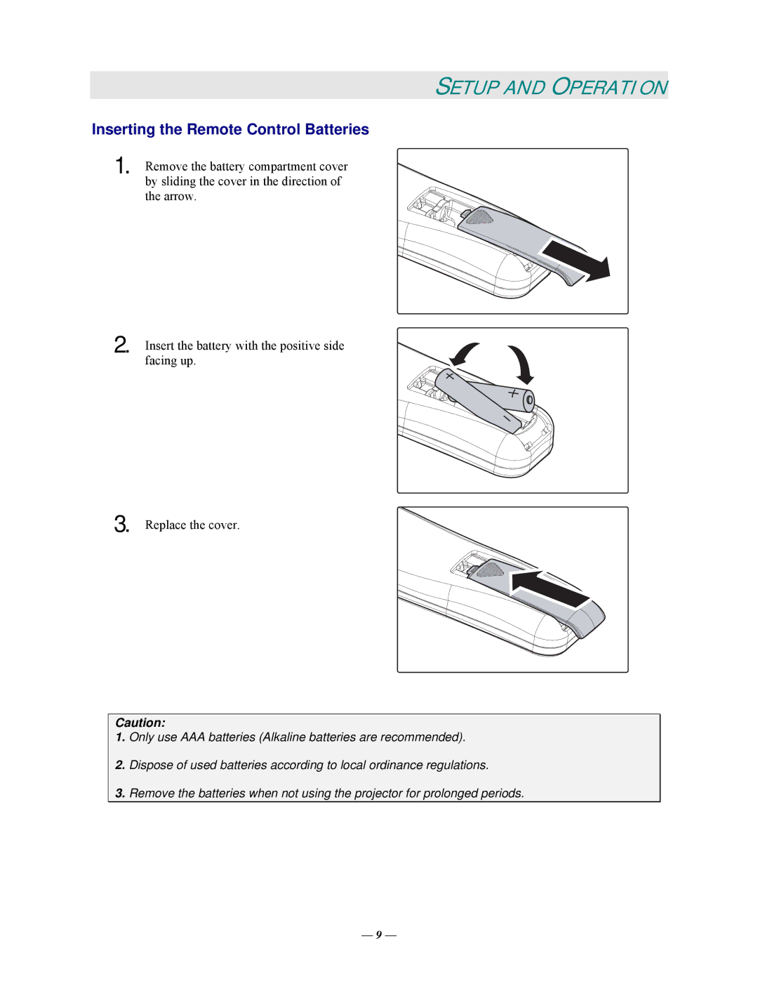 Vivitek DP825MS, D825MS, D820MS, D825MX manual Setup and Operation, Inserting the Remote Control Batteries 