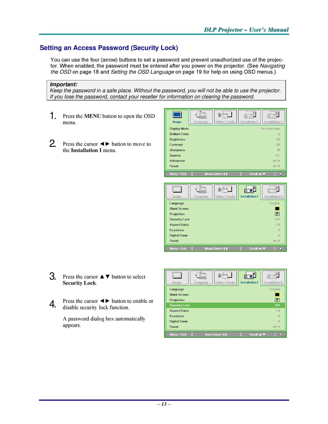 Vivitek D825MX, DP825MS, D825MS, D820MS manual Setting an Access Password Security Lock 