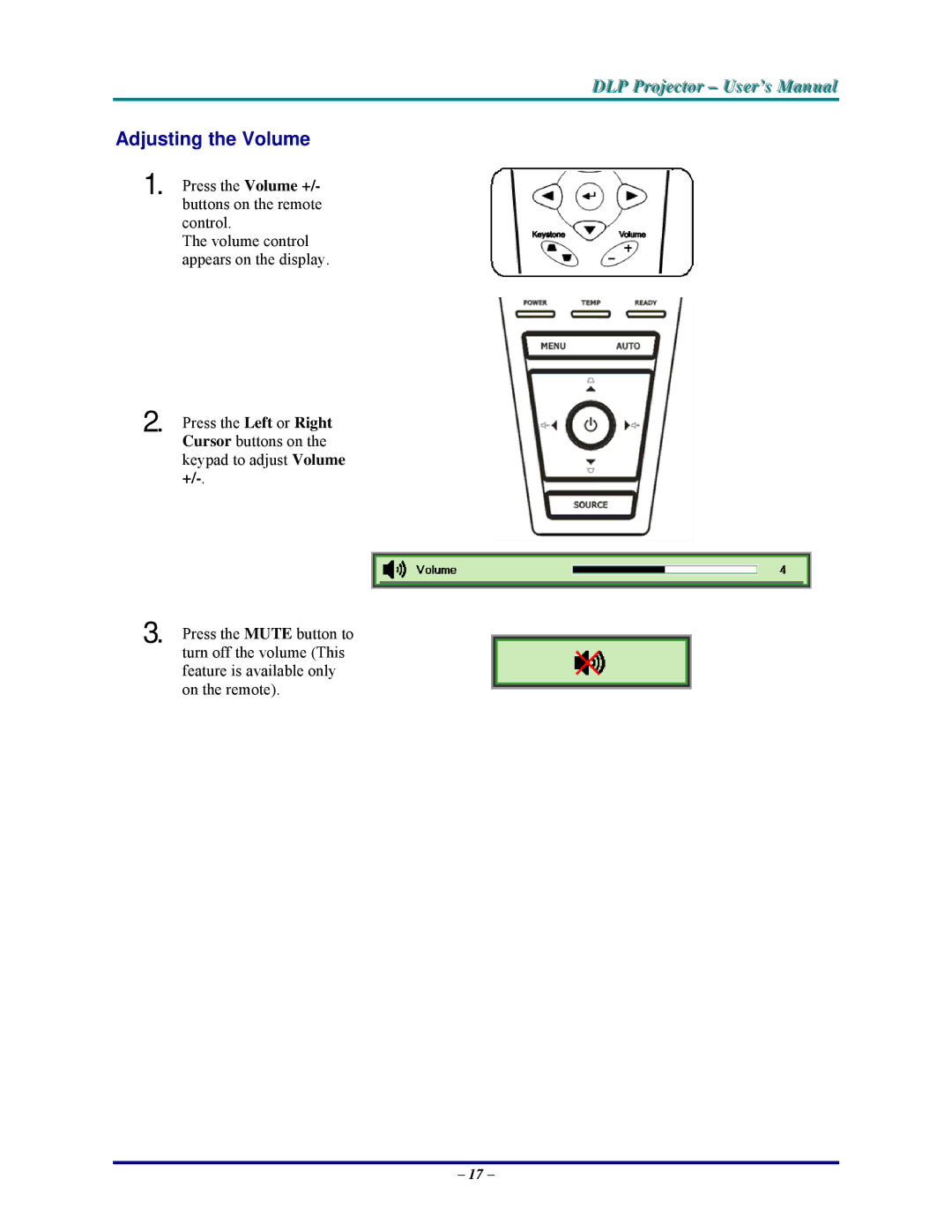 Vivitek DP825MS, D825MS, D820MS, D825MX manual Adjusting the Volume 