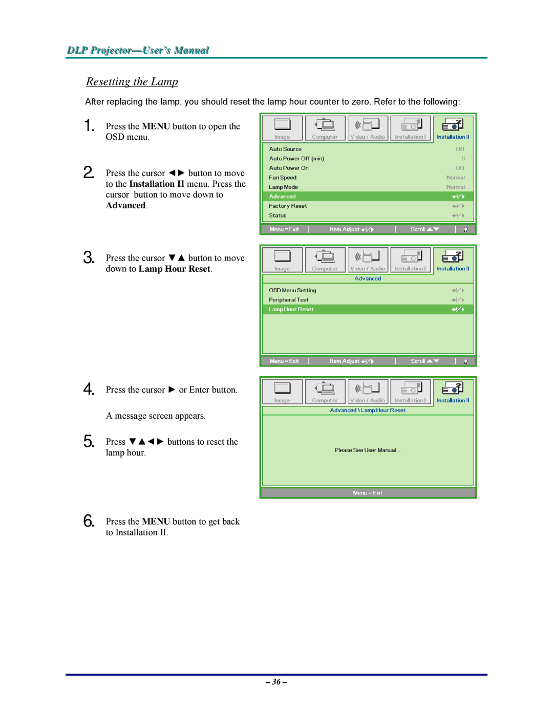 Vivitek D820MS, DP825MS, D825MS, D825MX manual Resetting the Lamp 