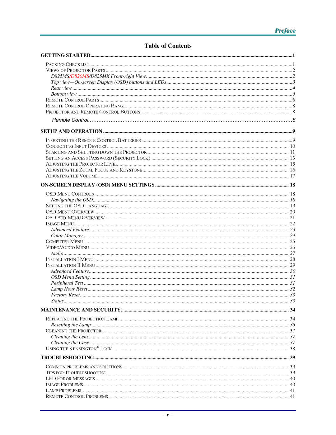 Vivitek DP825MS, D825MS, D820MS, D825MX manual Table of Contents 