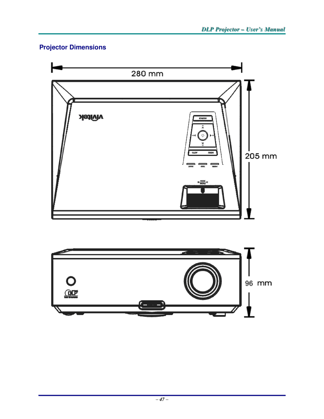 Vivitek DP825MS, D825MS, D820MS, D825MX manual Projector Dimensions 