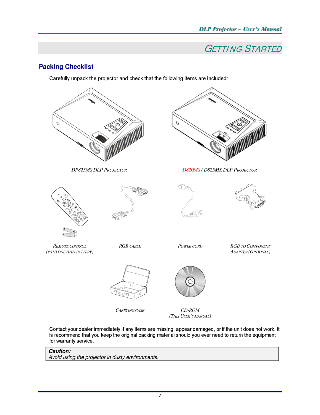 Vivitek D820MS, DP825MS, D825MS, D825MX manual Getting Started, Packing Checklist 